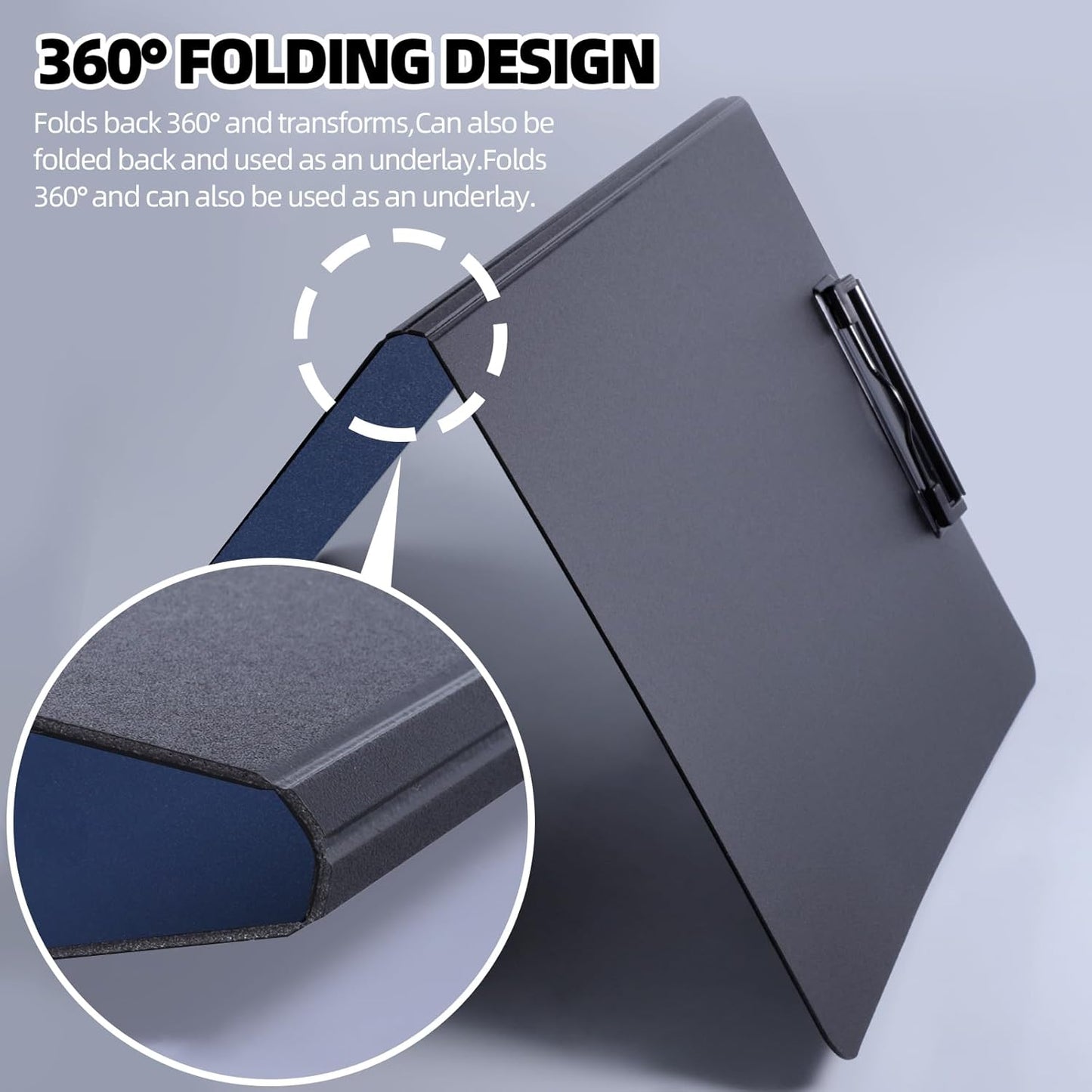 Clipboard Folder, 2 Pcs A4 Foldable Clipboard with Horizontal and Vertical Double Metal Clips, 360 Degree Foldable Binder Clipboards with Pen Holder, File Cover Work Folder Clipboards, Blue