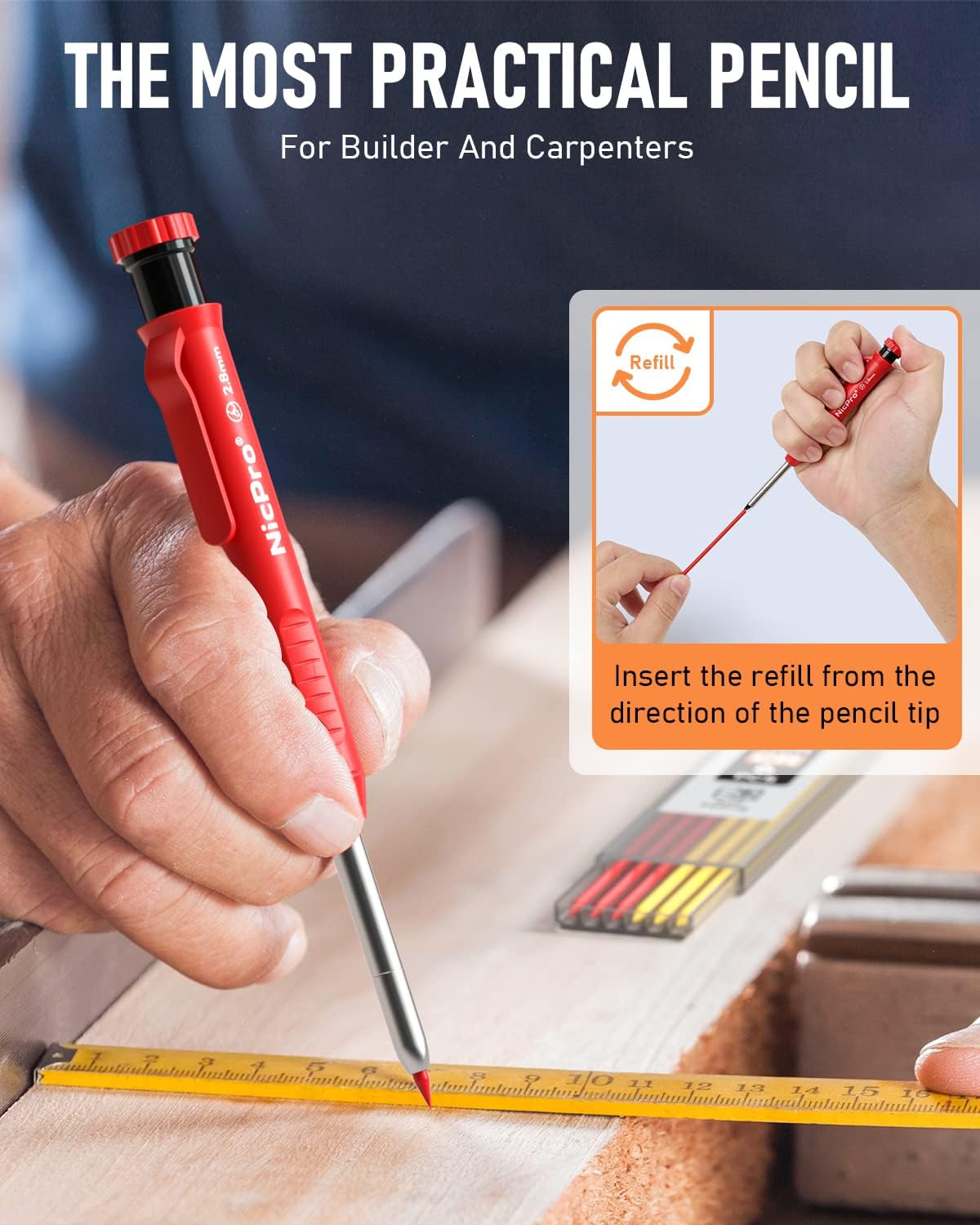 Nicpro Carpenter Pencil with Sharpener, Mechanical Pencils Set with 26 Refills, Deep Hole Marker for Construction, Heavy Duty Woodworking Tools for Architect (Black, Red) - With Case