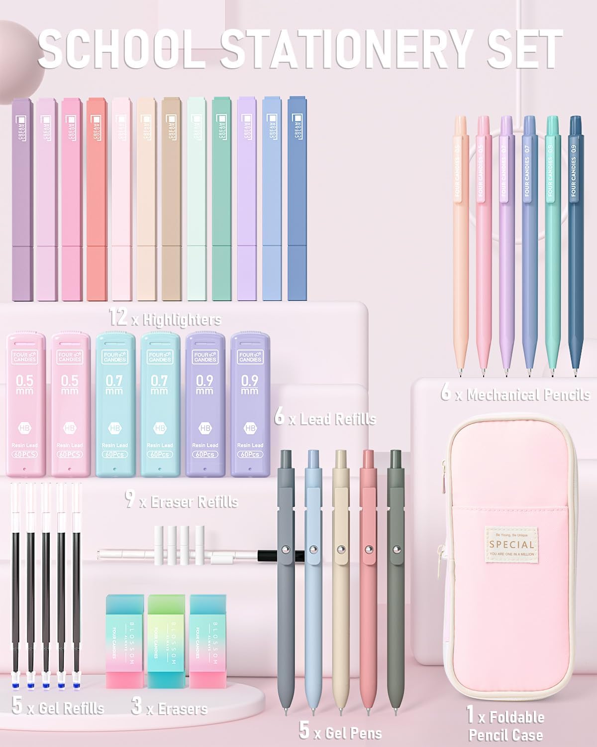 Four Candies 39 PCS Aesthetic School Supplies with Cute Pen Case, 12 Pastel Highlighters, 5 Black Ink Gel Pens, 6 Mechanical Pencils Set 0.5 & 0.7 mm for Students Stationary College Essentials (Pink)