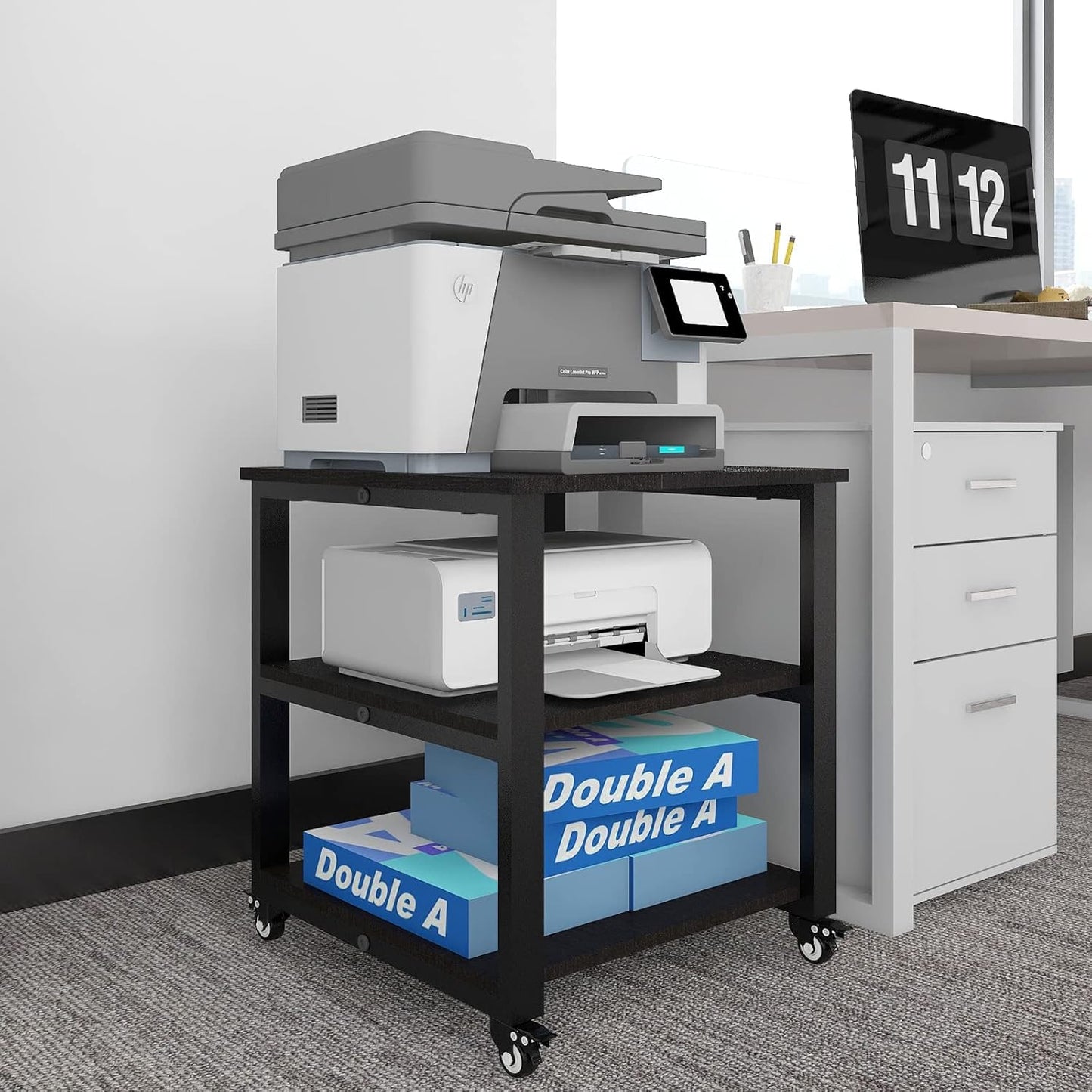 Natwind 3-Tier Laser Printer Cart,19.7''x19.7''x22.6'' Large Machine Stand,Heavy Duty Rolling Table with Storage,Floor-Standing Rack on Wheels,Paper File Organizer Shelf for Home Office (Black)