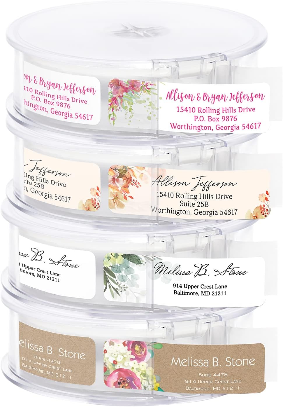 Bright Watercolor Floral Rolled Address Labels / 5 Vibrant Flower Bouquet Designs/Roll of 500 Personalized Address Labels/Designer Return Address Stickers in Elegant Plastic Dispenser