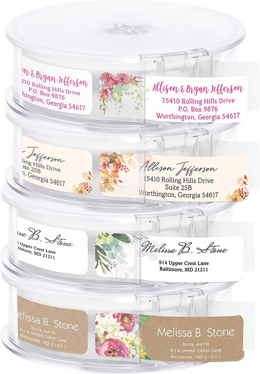 Bright Watercolor Floral Rolled Address Labels / 5 Vibrant Flower Bouquet Designs/Roll of 250 Personalized Address Labels/Designer Return Address Stickers in Elegant Plastic Dispenser