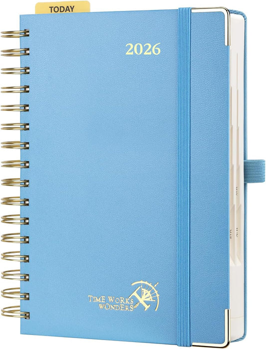 POPRUN 2026 Daily Planner One Page A Day - [8.5" x 5.75" Wire-Bound Hard Cover] Agenda 2026 Hourly Appointment Book with Monthly Calendar, Inner Pocket, Ivory Paper - Haze Blue