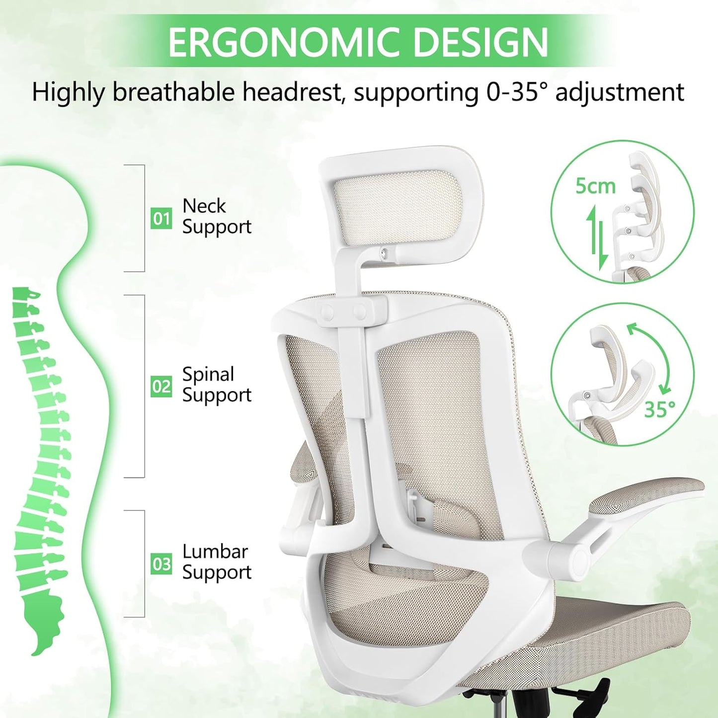 Desk Office Chair, Ergonomic High Back Comfy Computer Chairs with Wheels, Swivel Gaming Home Mesh Chair Comfortable Lumbar Support, Comfy Arms for Study, Home,Bedroom（Khaki）