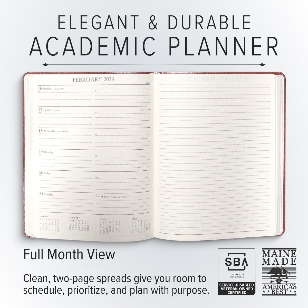 Gallery Leather Academic Planner 2025-2026, Teacher and Student Weekly Monthly Planner, Elegantly Bound Calendar with Gold-Gilded Page Edges, 18 Months - Caribbean Red - 9x7"