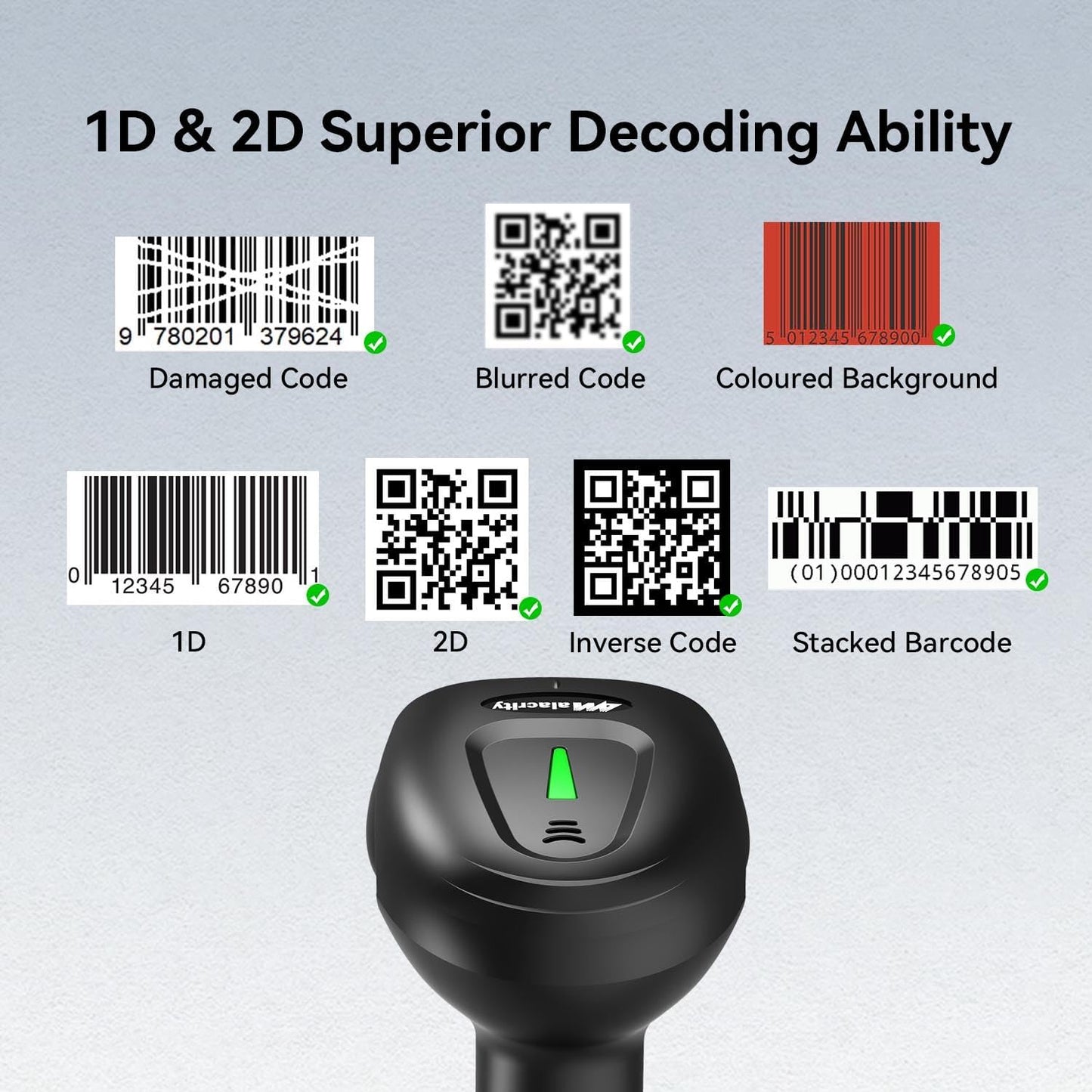 Alacrity 2D 1D Wireless Barcode Scanner with Stand, 3-in-1 Connectivity Bluetooth 2.4G Wireless USB Wired, Barcode Reader with Hands-Free Mode and Vibration Alert, Blue