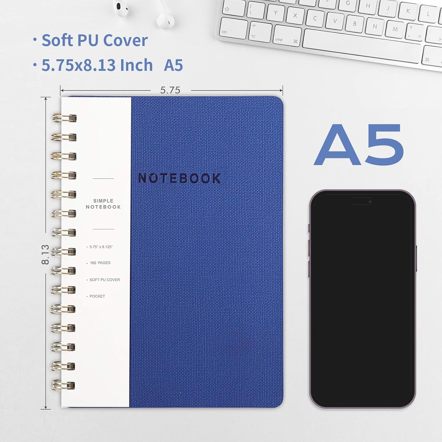 Lined Spiral Notebook College Ruled A5 Journal Book for Note Taking, 160 Pages Writing Journal for Office and Home School Supplies 5.75x8.125 inch (6pack-3Black/3NavyBlue)