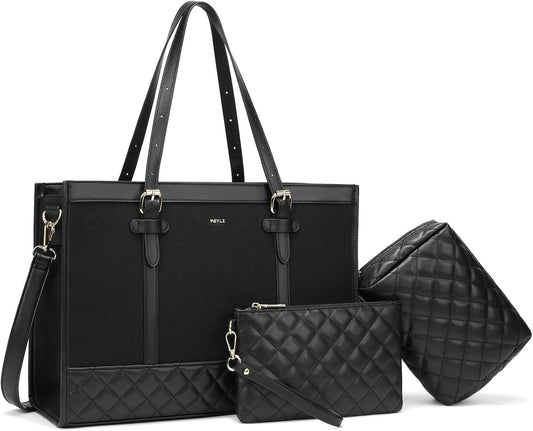 Keyli 3pcs Laptop Bag for Women,15.6 Inch Canvas Tote Bag Work Bags Large Business Computer Briefcase Shoulder Handbag Purse