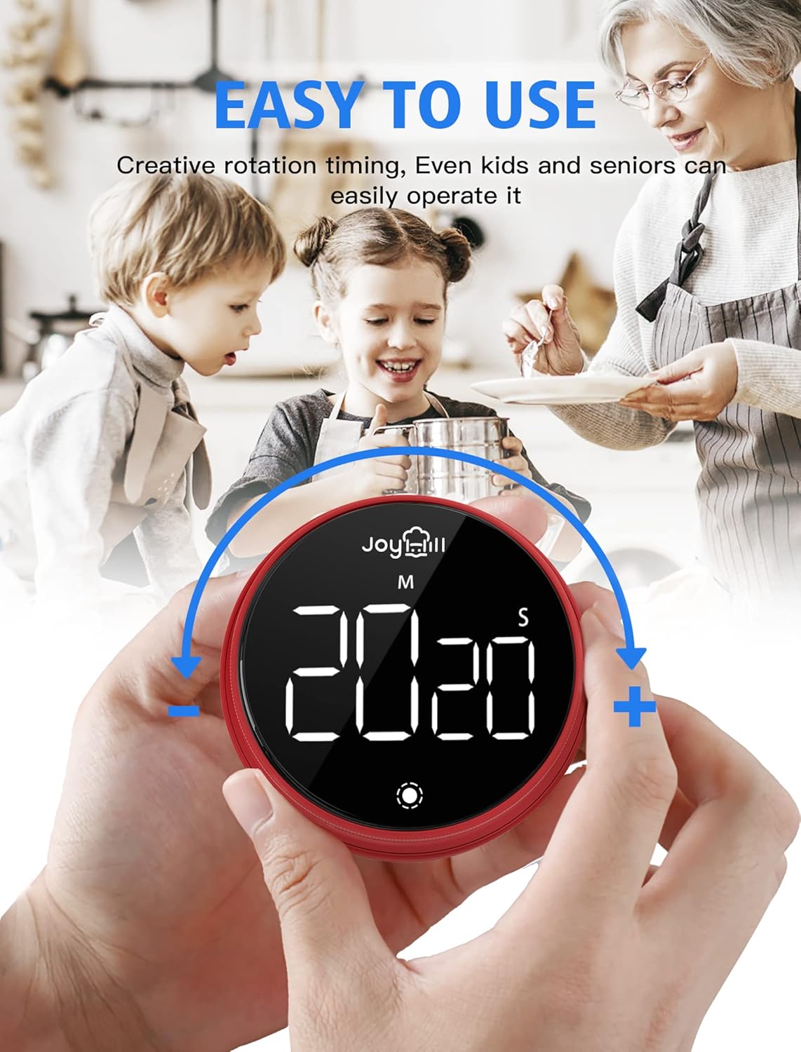 JOYHILL Digital Kitchen Timer, Large LED Display with Magnetic Countdown 3 Volume Levels, Ideal for Cooking Classroom Studying Fitness, Timer for Kids and Seniors Red