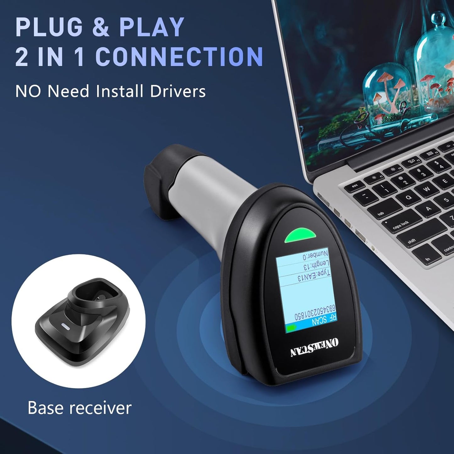 Barcode Scanner Wireless 1D, ONEWSCAN Barcode Reader with Smart Charging Base Stand 2.4G Wireless & USB Wired Connection Plug and Play Handheld Bar Code Scanners with Screen