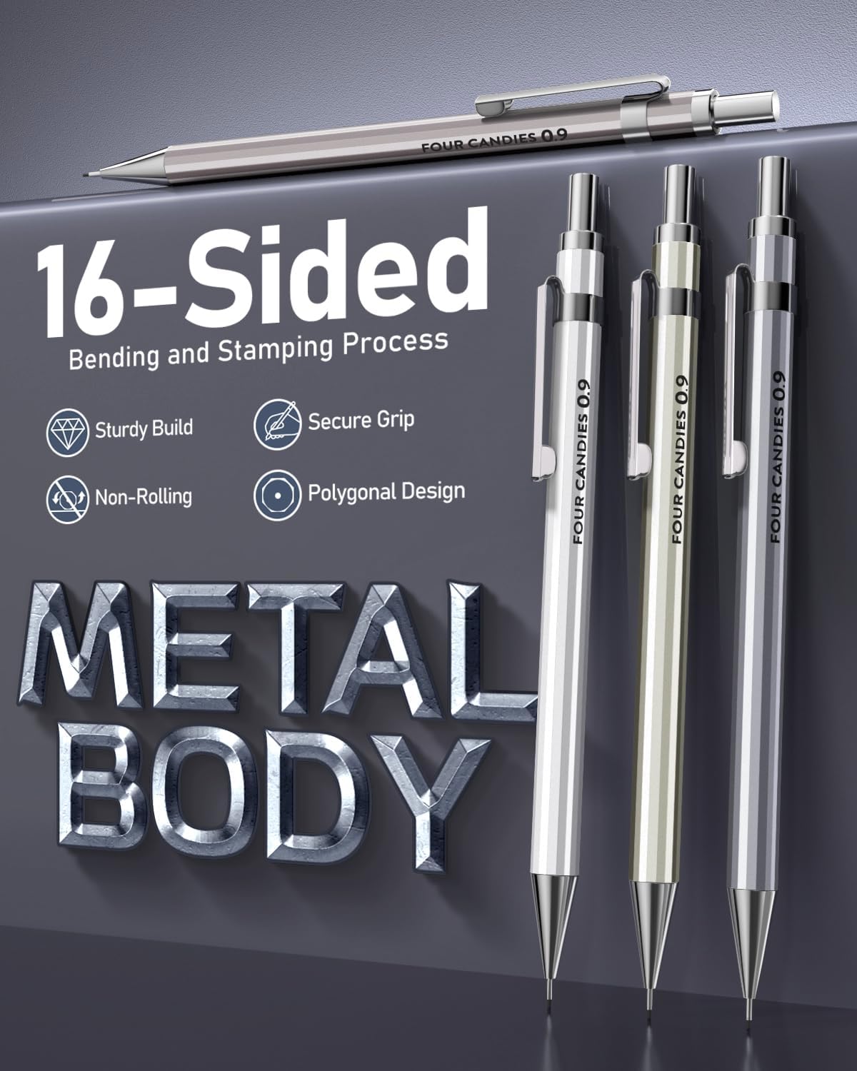 Four Candies 0.9mm Metal Mechanical Pencil Set with Case - 4PCS Fancy Mechanical Pencils, 8 Tubes HB #2 Lead Refills, 3PCS 4B Erasers and 9PCS Eraser Refills, Led Pencils Mechanical for Writing