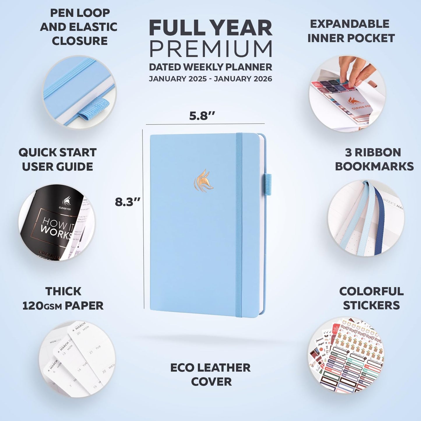 Clever Fox Dated Planner Premium 2025 – Weekly Agenda for Planning & Time Management –Notebook with Habit Tracker & To-do List (Light Blue)