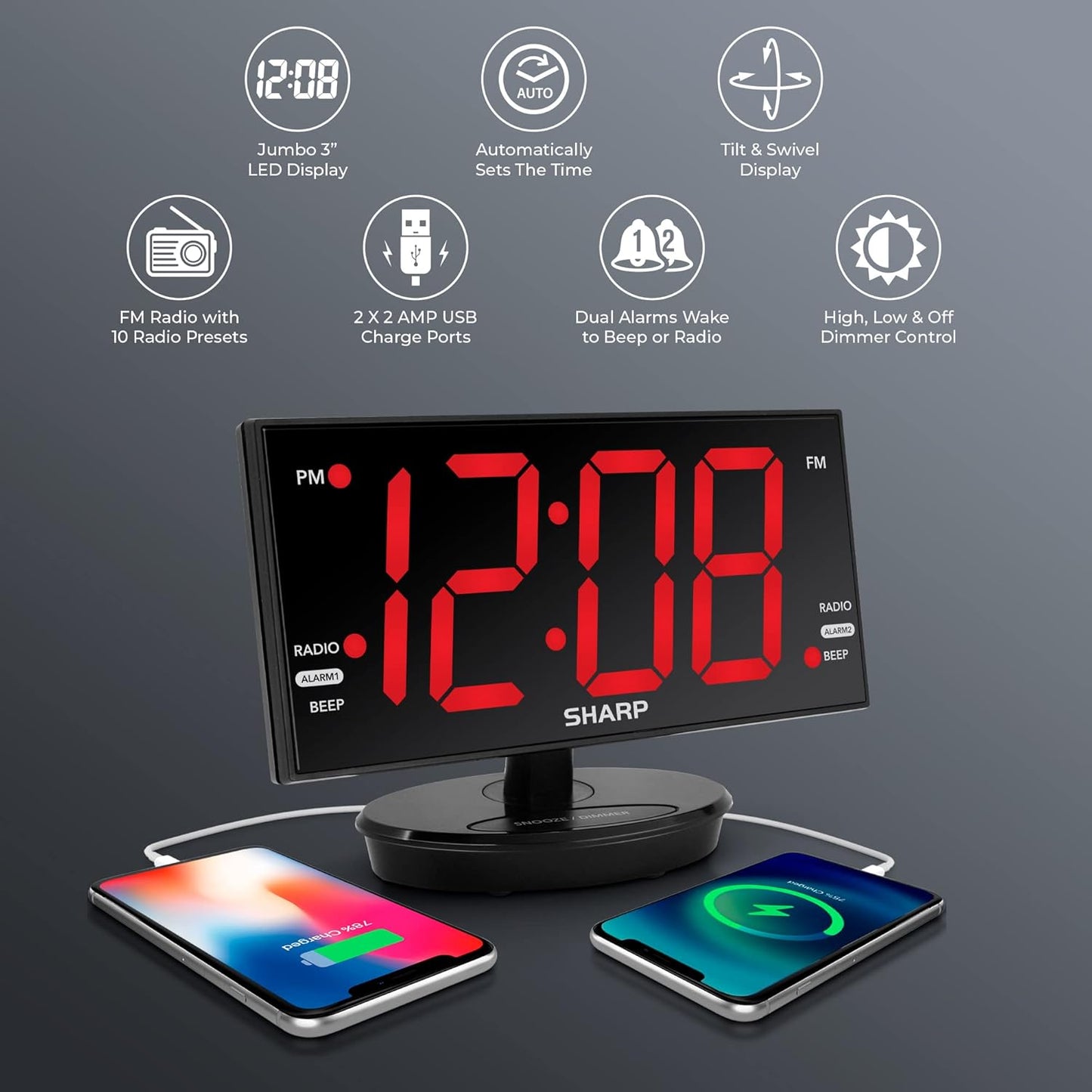Sharp Digital Alarm Clock, 8.9" Extra Large LED Clock with Tilt and Swivel Display, AccuSet Automatically Sets The Time, Dual USB Charger Ports, FM Radio, 3 Level Adjustable Dimmer Brightness