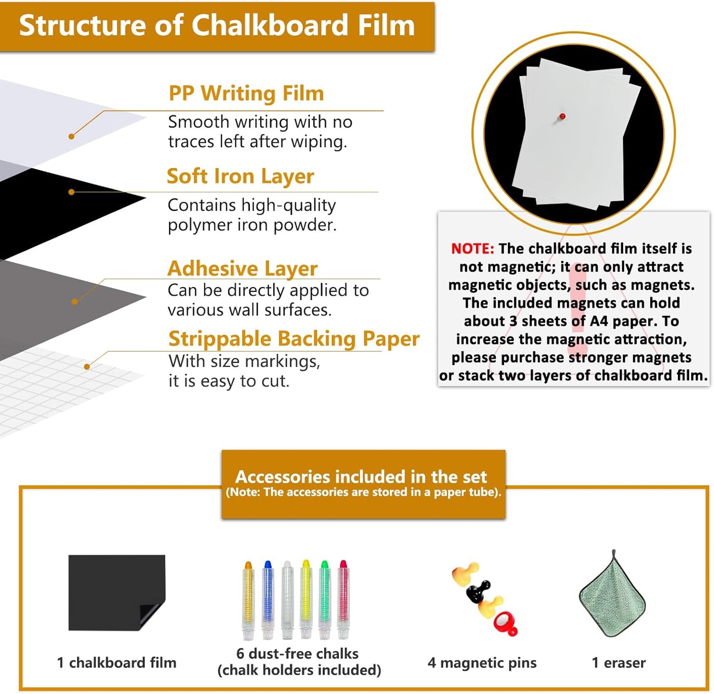 Magnetic Chalkboard Contact Paper with Adhesive, 78" x 39" Magnetic Blackboard Film for Walls, Peel and Stick – Ideal for Office, Classroom, Home. Includes Dustless Chalk, Wiping Cloth, and Magnet