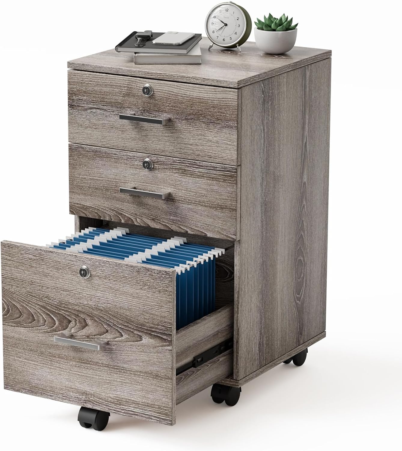 VINGLI 3-Drawer File Cabinet with Lock, Wood Rolling Filing Cabinets for Home Office, Mobile Printer Stand, Under Desk File Organizer for Letter Sized Files, 26" H(Caster Included),Gray Oak