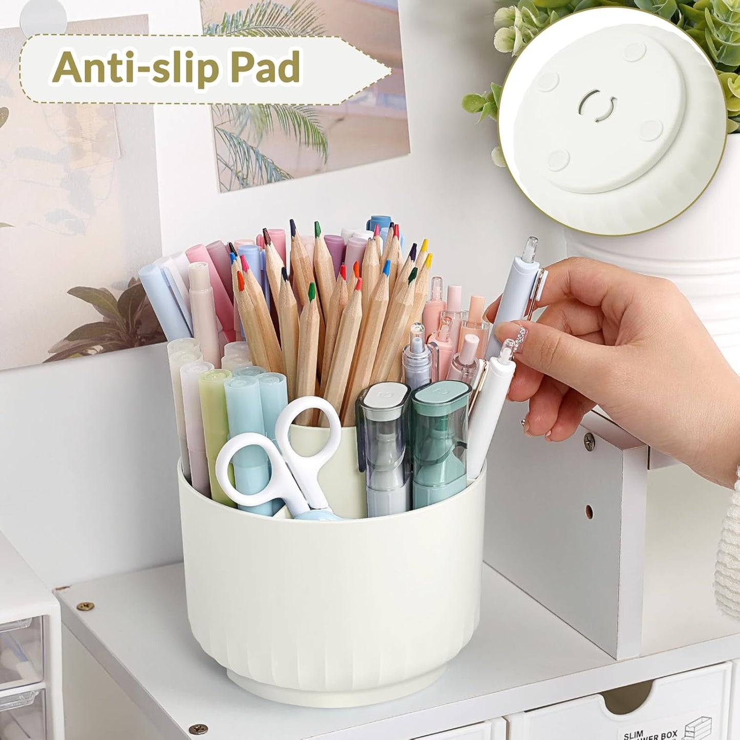 SKYDUE 360 Degree Rotating Desk Organizer, Small Dual-Purpose Pencil Pen Holder for Desk, Rotating Pencil Cup with 5 Slots, Office Supplies, Desk Decor for Office, School, Home