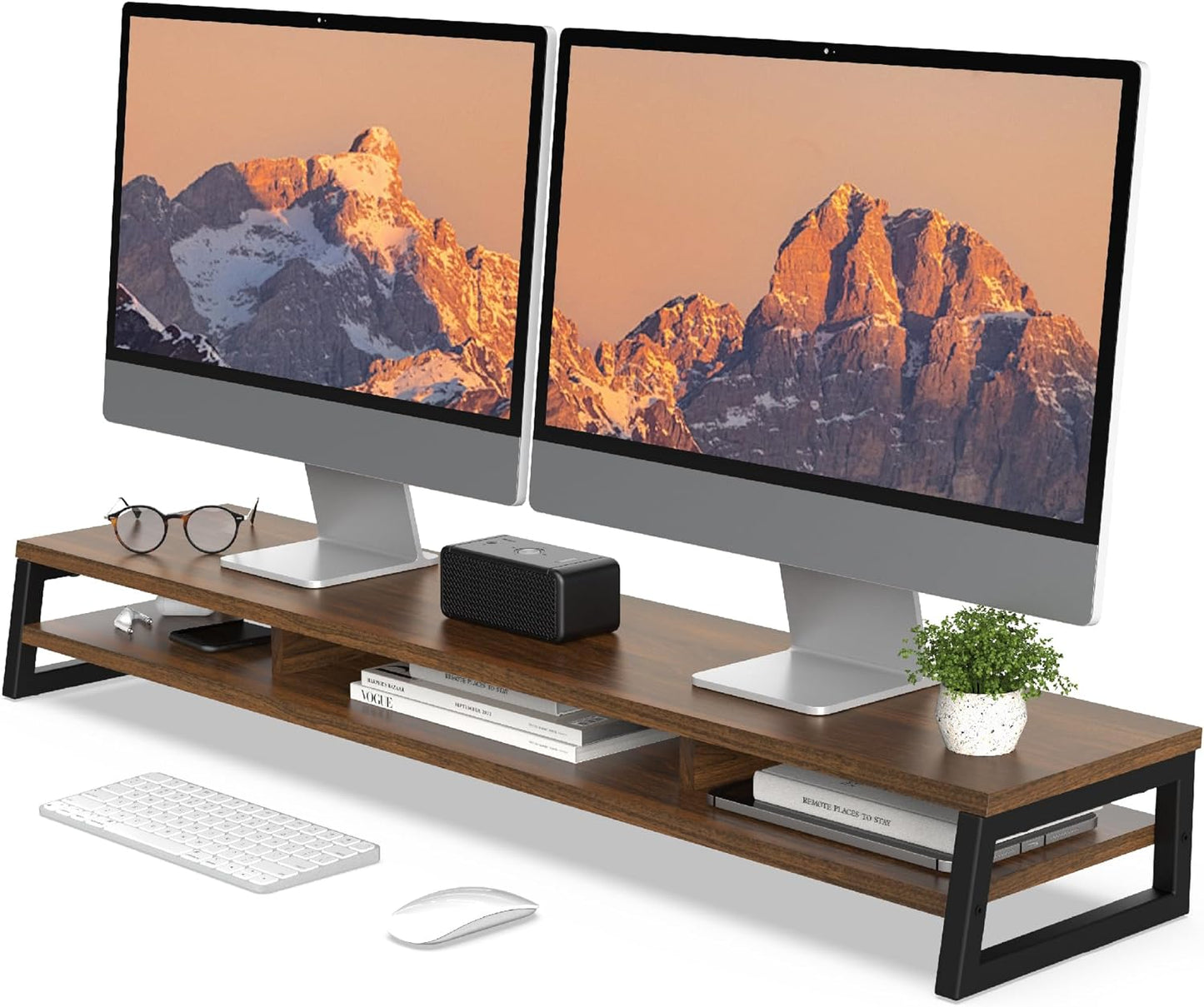 Fenge Dual Monitor Stand for Desk, 42.5in Large Monitor Riser for 2 Monitors, 2 Tier Computer Office Desk Top Shelf, Desktop Storage Stand for Laptop, PC, Computer, Printer