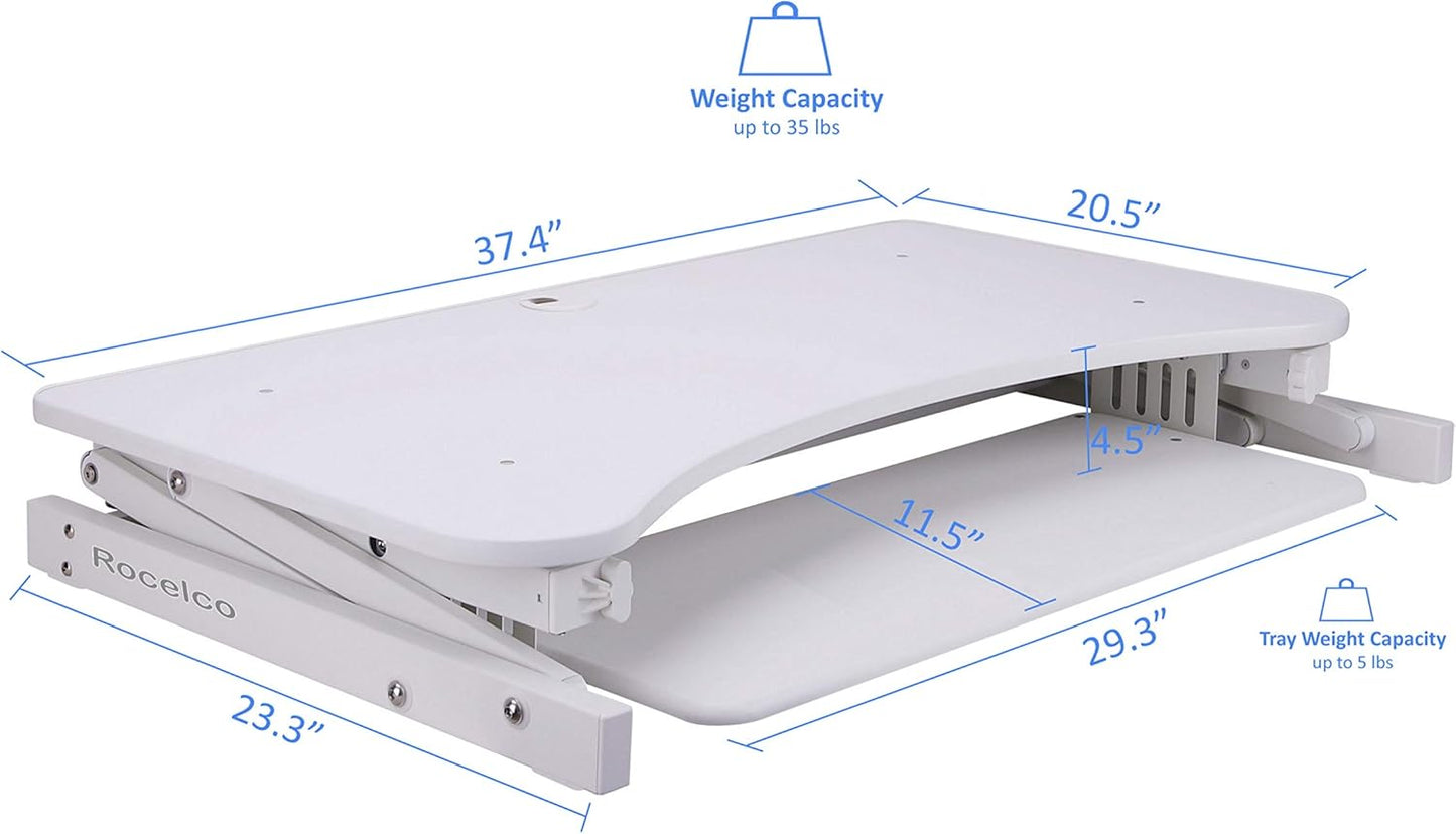 Rocelco 37.5" Deluxe Height Adjustable Standing Desk Converter with Anti Fatigue Mat BUNDLE - Quick Sit Stand Up Computer Workstation Riser - Large Retractable Keyboard Tray - White (R DADRW-MAFM)