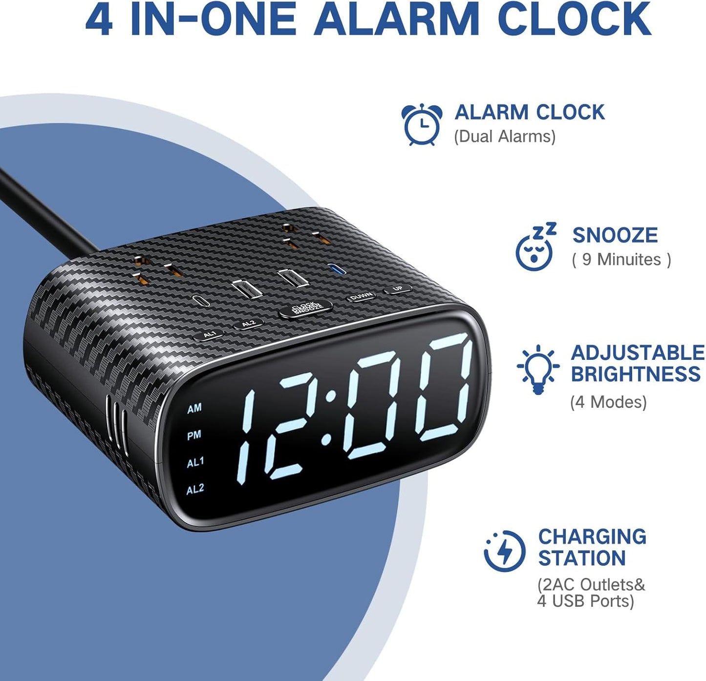 XBA 10PCS Digital Alarm Clock with 20W USB C Ports, Dual Alarm Clock Power Strip with 2 AC Outlets, 4 USB Charging Ports, Dimmable Snooze Desk Clock with 6FT Cords for Bedrooms,Travel, Black