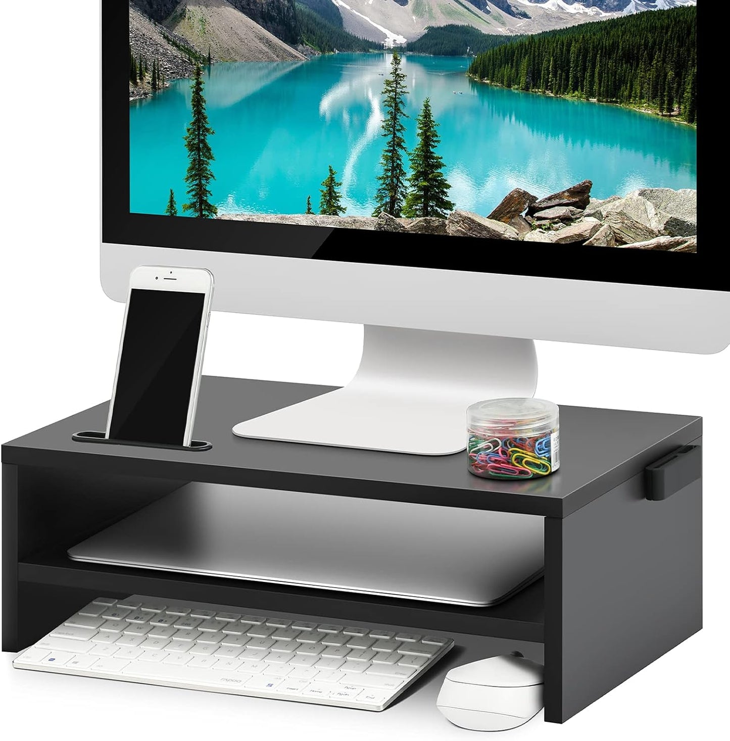 Marbrasse Monitor Stand Riser, 16.5 Inch 2 Tier Computer Printer Shelf Stand for Laptop Computer Screen Storage, Desktop Stand with Phone Holder and Cable Management Black