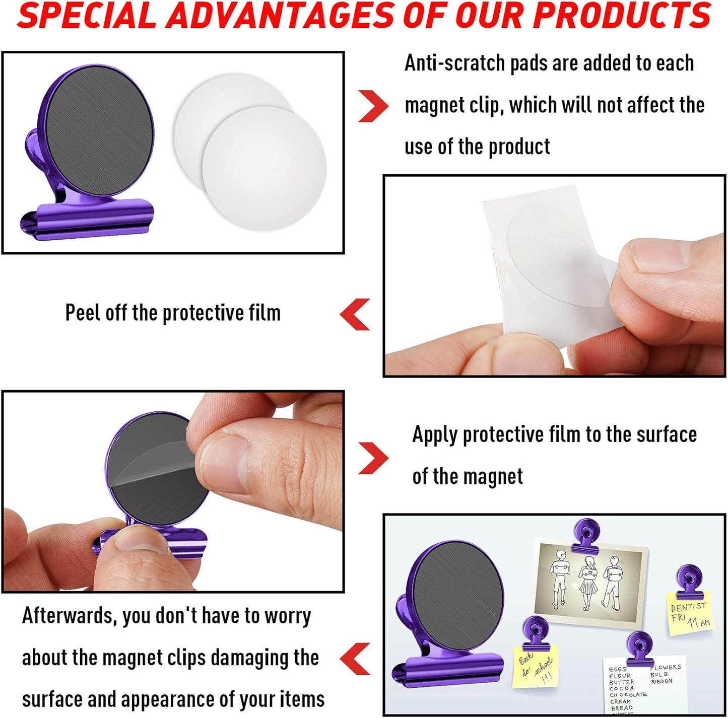 FINDMAG 12 Pack Magnetic Clips for Photo Display and Picture Hanging, Strong Fridge Magnets, Scratch-Free Heavy Duty Magnet Clips for Whiteboard, Kitchen, Office, School, Purple, 30mm Wide.