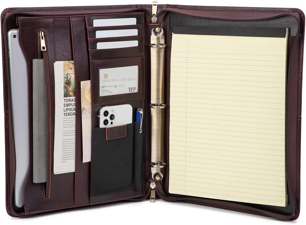 Genuine Leather Portfolio with 3 Ring Binder, Full Grain Leather Padfolio Zippered, A4 Notebook Holder Laptop Sleeve Professional Folder Organizer Gift for Men and Women, Dark Brown, Oil Tanned