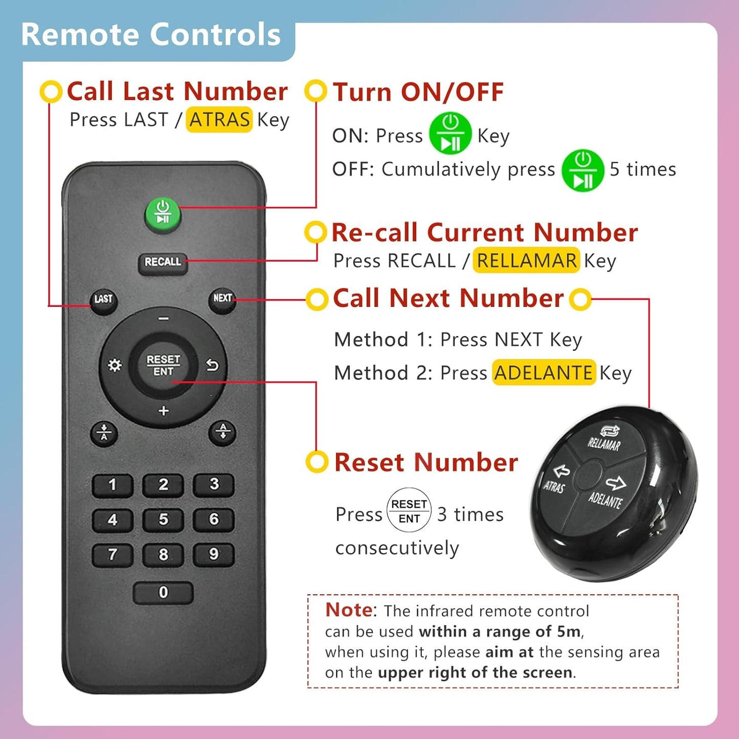 Take a Number System Queue Wireless Calling System Spanish with 1 TURNO Display 2 NEXT Call Button 1 Ticket Dispenser 3-Digit Ticket Roll for Restaurant Hospital Clinic Bank Waiting