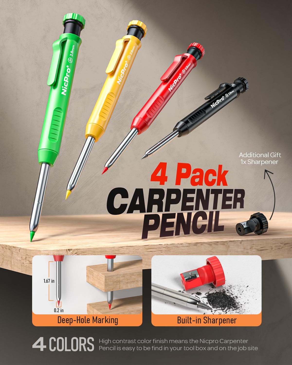 Nicpro 4 Pack Carpenter Pencil with Sharpener, Mechanical Carpenter Pencils with 52 Refills, Construction Pencil Heavy Duty Woodworking Pencils for Architect (Red, Black, Yellow, Blue)