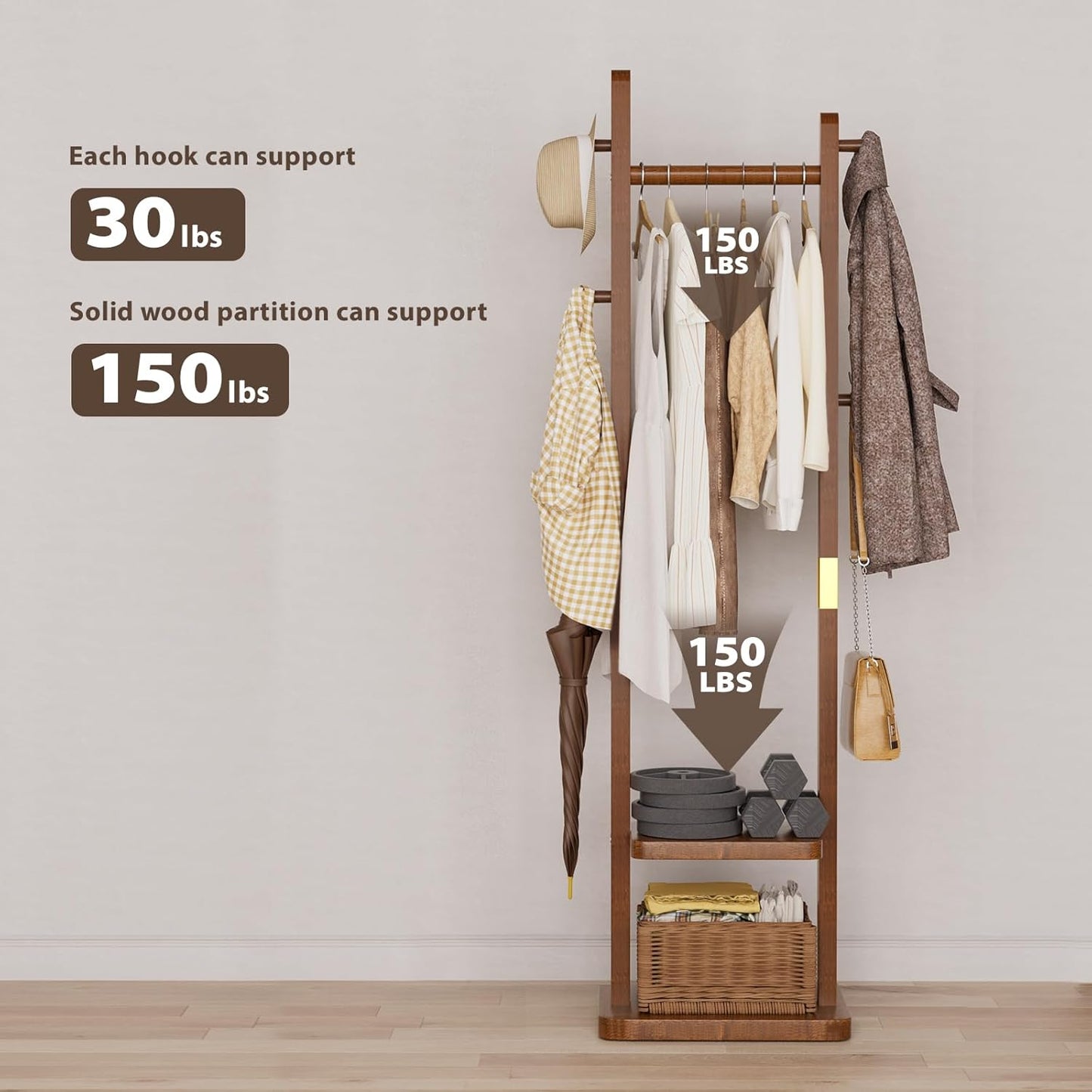 Solid Wood Coat Rack, Coat Rack Freestanding with 2 Shelves and 5 Hooks, Heavy Duty Coat Tree for Entryway，Living room，Coat Hanger Stand for Hats, Bags (Walnut Brown)