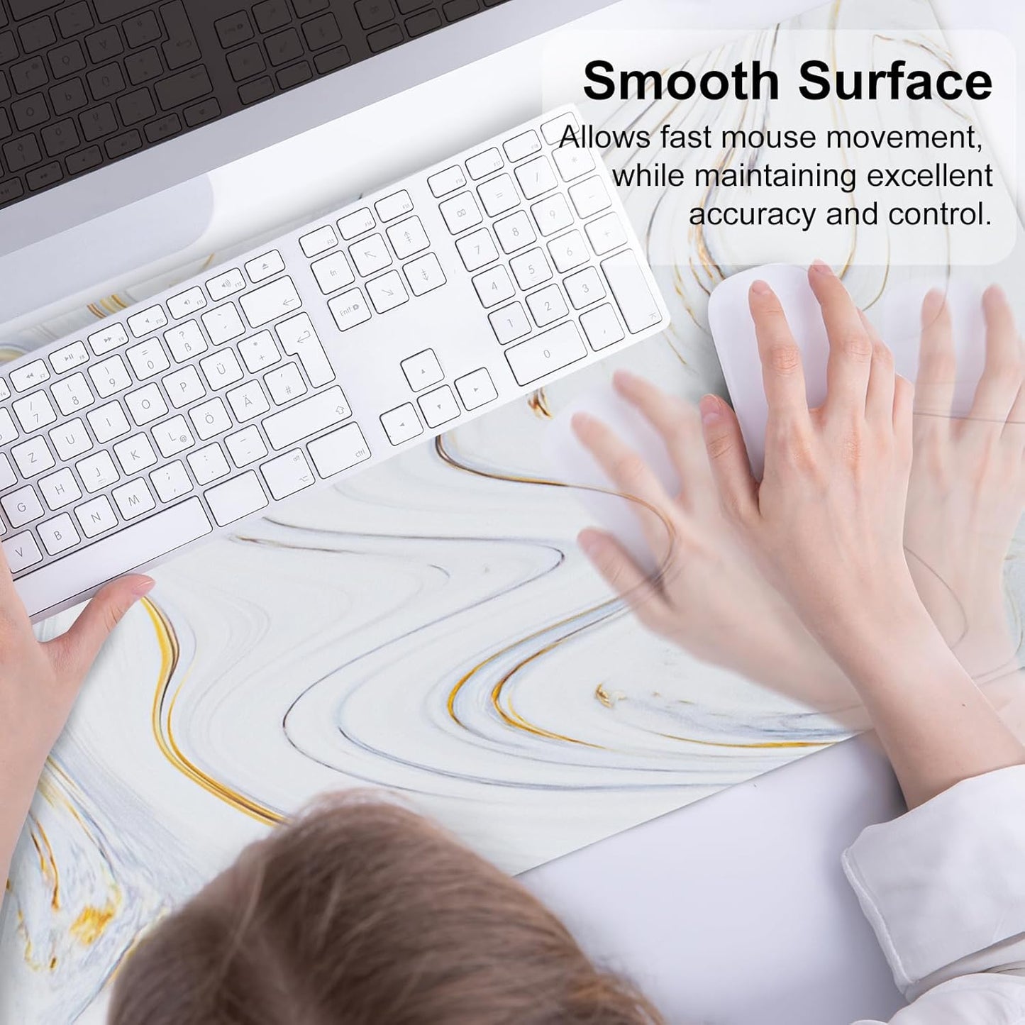 QIYI Large Mouse Pad, Cute Marble White Desk Mat, PU Leather Desk Protector Mousepad, Gold Grey Striped Waterproof Computer Keyboard Gaming Mouse Pads, Non Slip Extended Writing Pad 31.5" x 15.7"