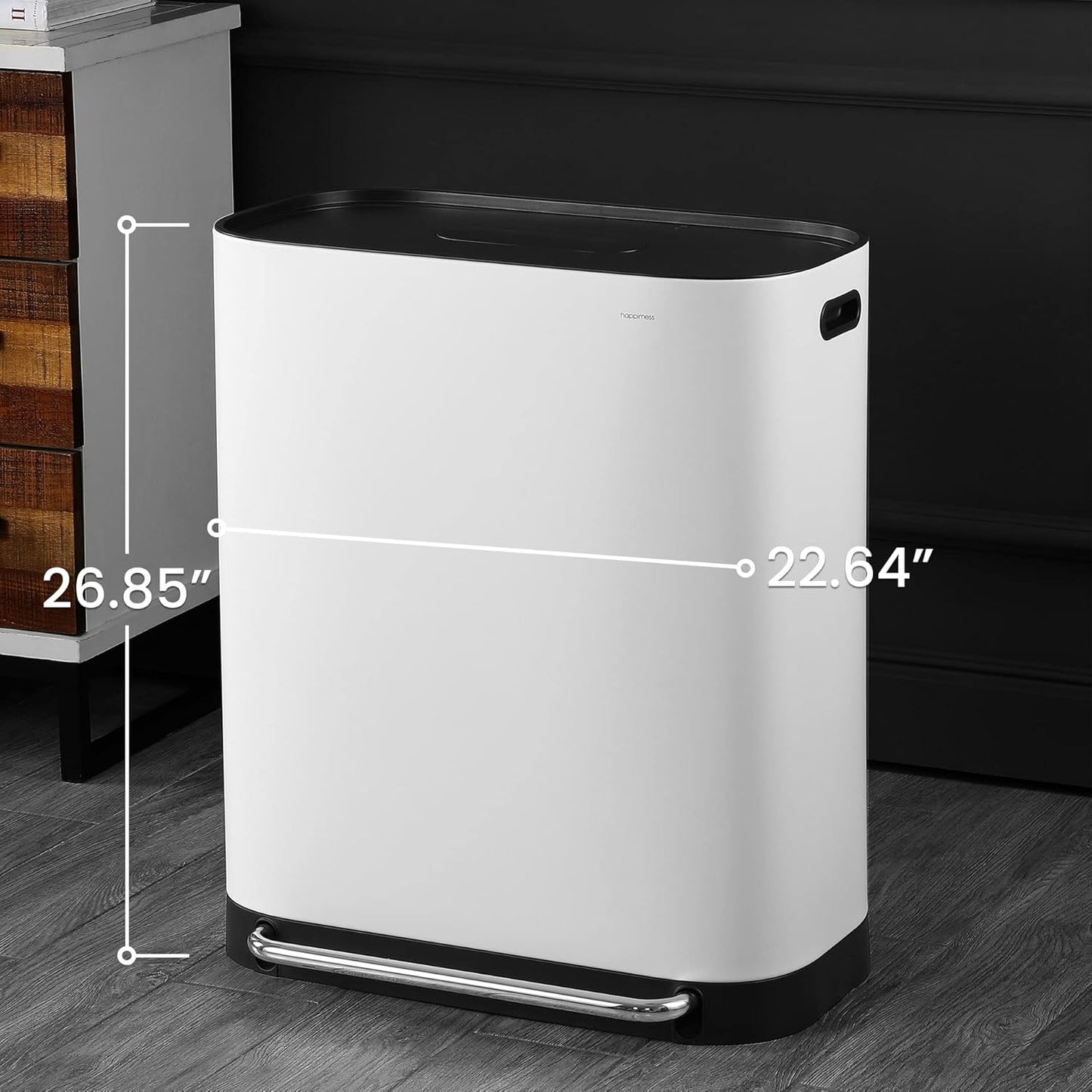 happimess HPM1014C Beni Kitchen 16-Gallon Double-Bucket Step-Open Trash Can with Soft-Close Lid, Modern, Minimalistic, Fingerprint Proof for Home, Kitchen, Laundry Room, Office, Bathroom, White