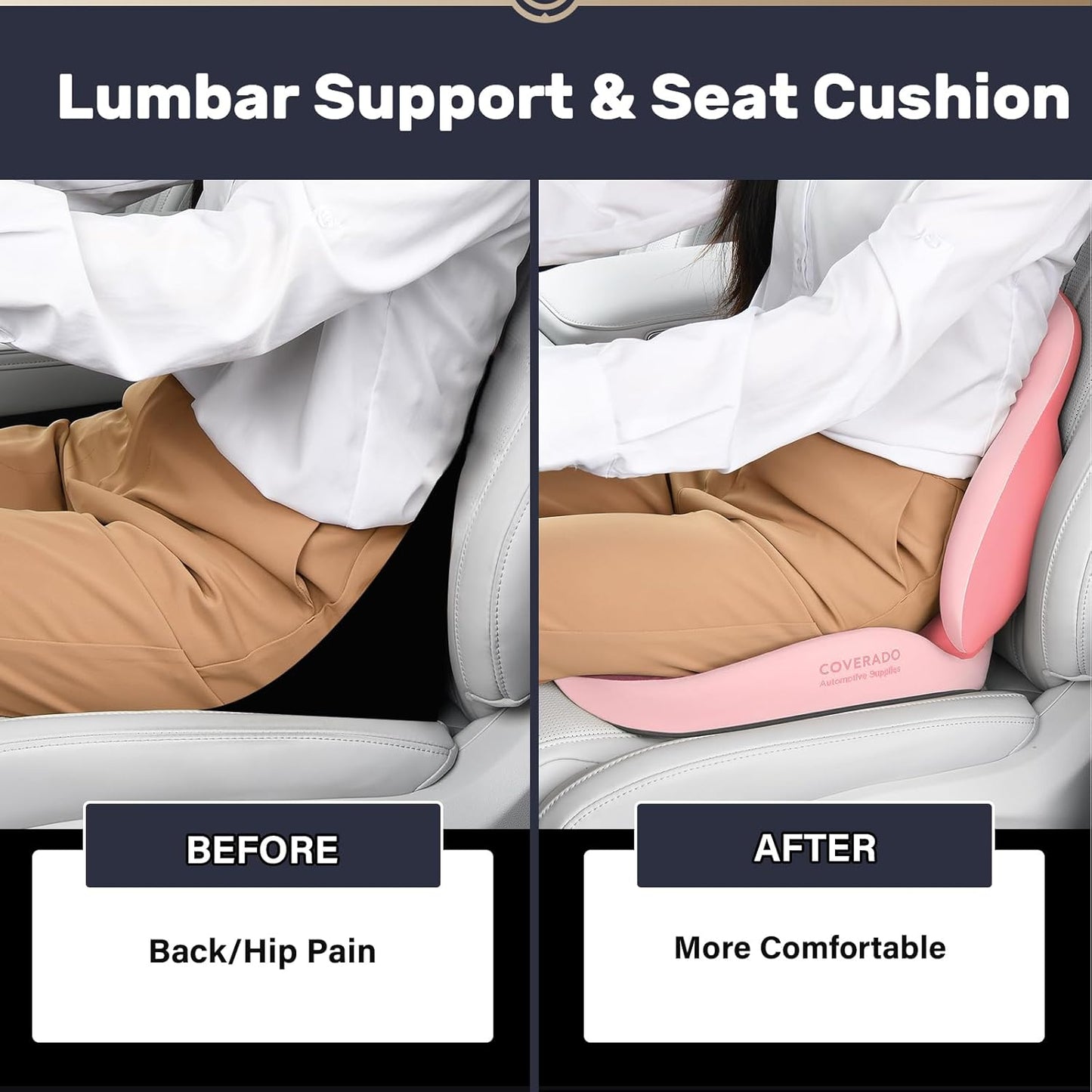 Coverado Seat Cushion and Lumbar Support Pillow for Car Office Chair, Ergonomic Memory Foam Desk Chair Cushion Back Support Pillow, Sciatica & Back & Tailbone Pain Relief Cushion-Pink