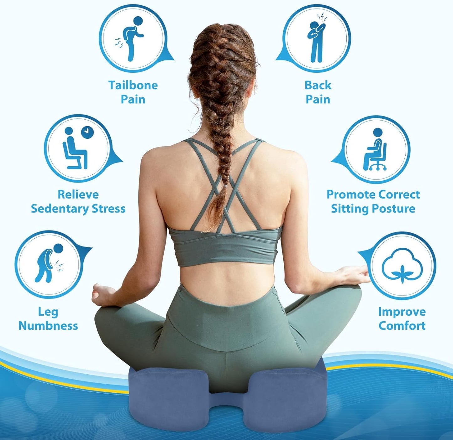 BlissTrends Seat Cushion,5.2in Thick Memory Foam Cushions for Office Chair, Car Seat, Airplane, Relieving Pressure Tailbone Sciatica Back Pain for Long Sitting Office Workers, Car Drivers LightBlue