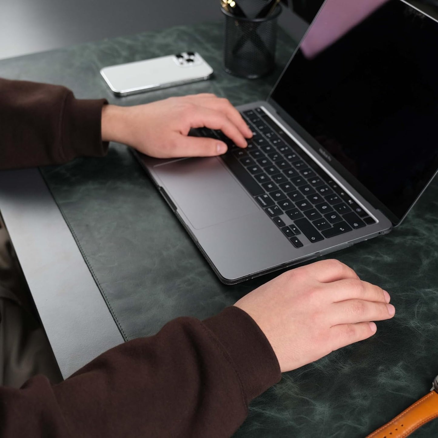 Jersey Genuine Calfskin Leather Desk Pad, Office Desk Mat with Non-Slip Bottom, Smooth Surface for Mouse & Keyboard, Desk Protector (14.6x31.5 inches) (Dark Green)