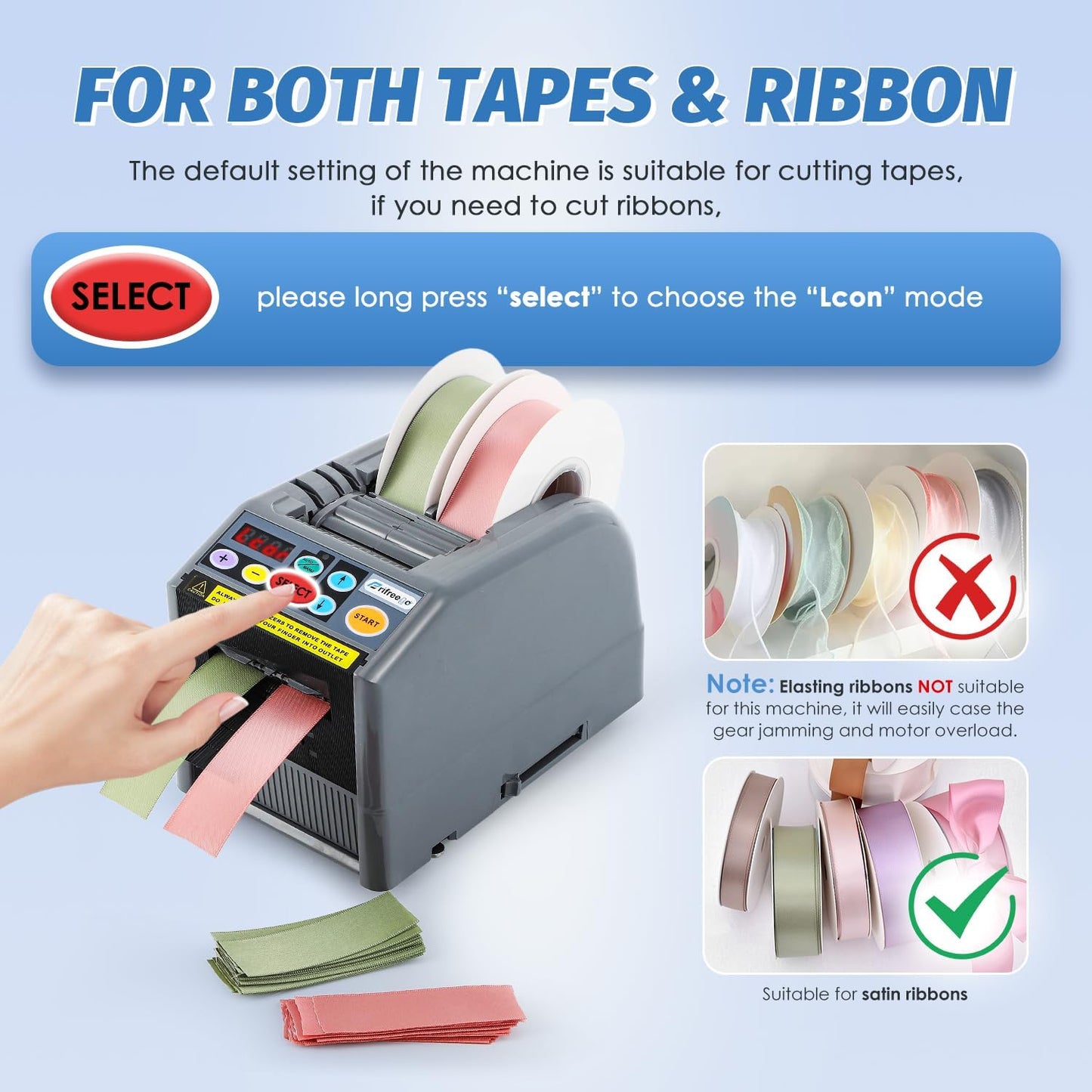 Automatic Tape Dispenser, Electric Ribbon Cutting Machine, Upgraded Silicone Wheel for 6-60mm Width Tape/Ribbon, Max. Cutting Length 999mm, 110V, Unsuitable for Elastic Ribbons