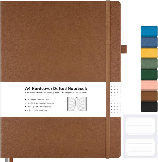 Dotted Journal, Hardcover Notebook 8.5 x 11, Dot Grid Notebook Journal for Women, Men, Large Leather Journals for Writing, Bullet, No Bleed Thick Paper, A4 Notebooks for Work, School, Notes, Brown