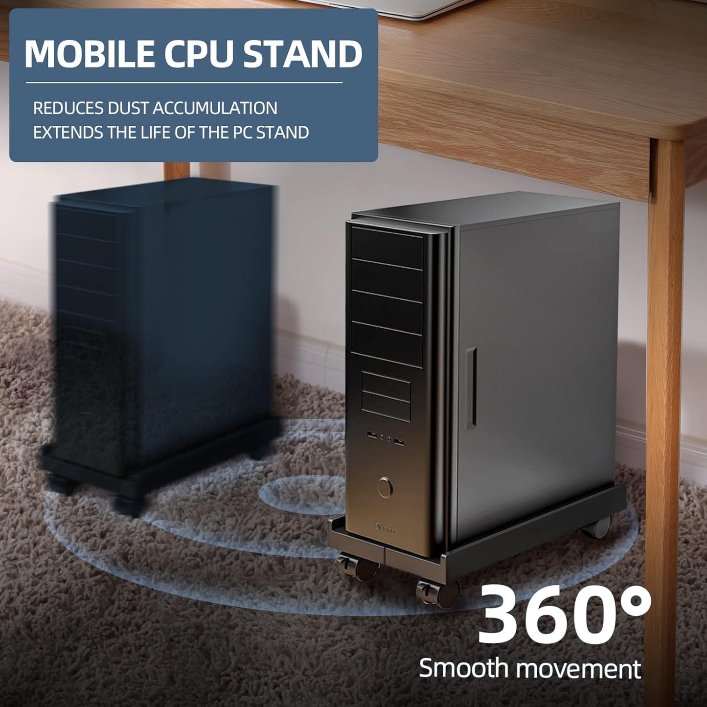 Adjustable Mobile CPU Stand, Ventilated Computer Tower Stand with 4 Caster Wheels Fits Most PC Tower, Under Desk CPU Holder PC Floor Cart Computer Riser for Gamers and Students (Black)