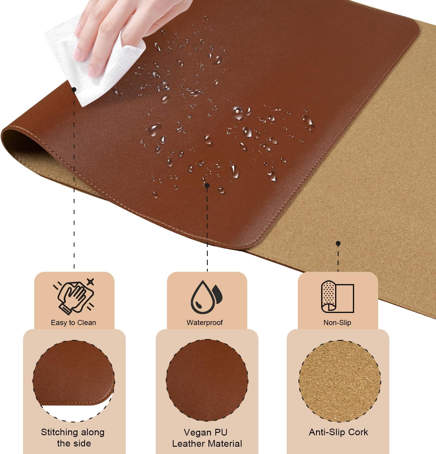 Dual-Sided Desk Pad, Natural Cork & PU Leather Mouse Pad for Desk, Desk Pad Protector, Non-Slip Desk Mat for Office and Home Work, (Brown, 23.6" x 13.7")