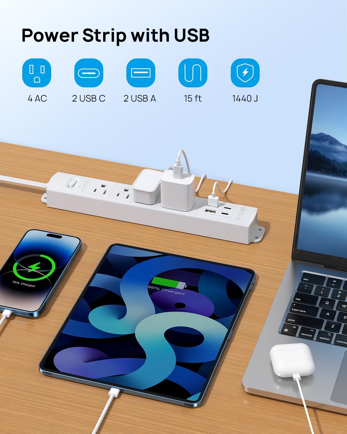 TROND 15ft Long Extension Cord with 2 USB C, ETL Listed, Ultra-Thin Flat Plug Power Strip, Slim Surge Protector, 4 Outlets 4 USB Ports, Wall Mount, Office Accessories Dorm Room Essentials, White