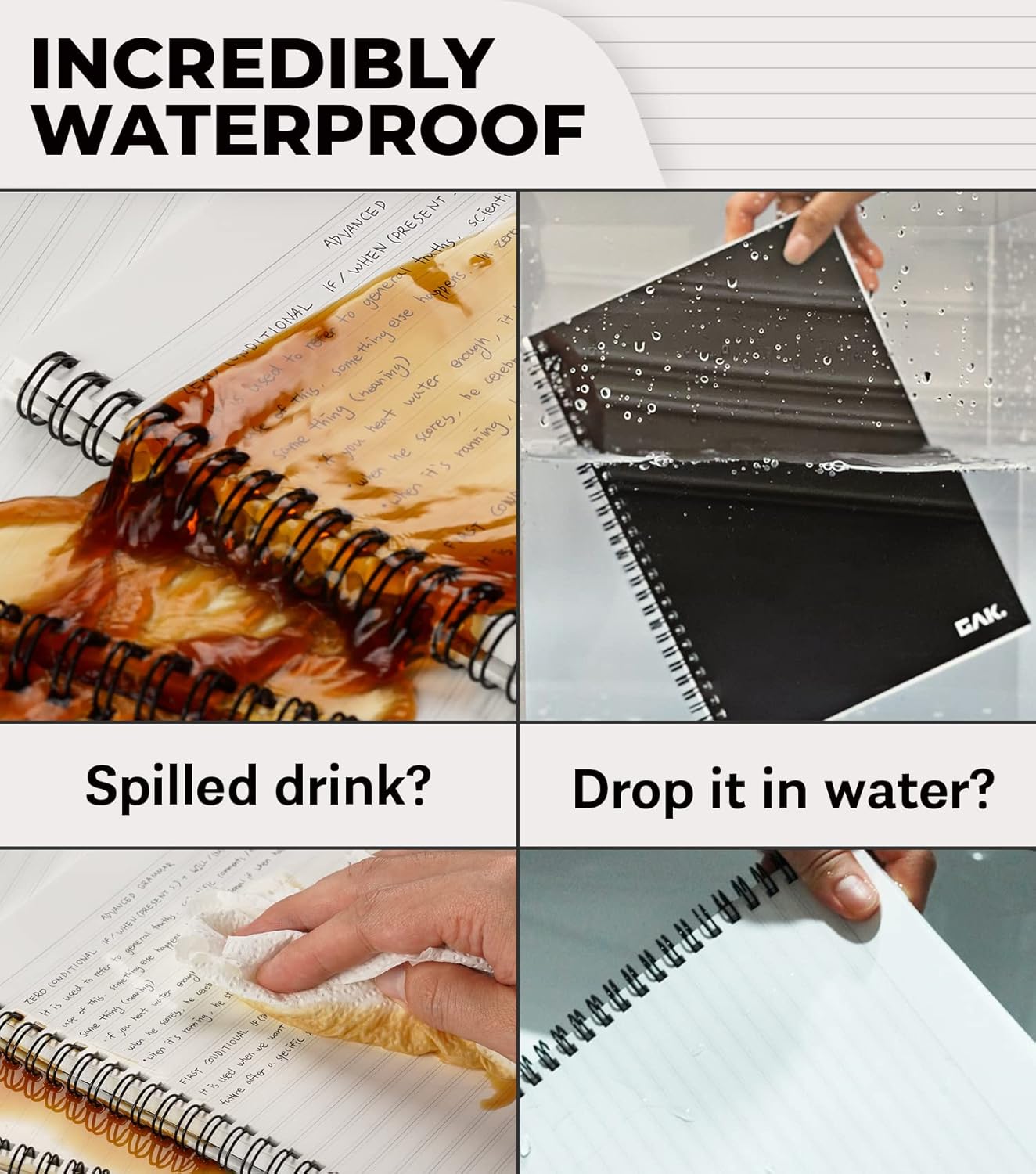 GAK. Stone Paper Waterproof Sheet Spiral Notebook (M Size) – 5.8”x8.3”, 50 sheets, Stone Paper Notebook Journal Note Taking Waterproof Notepad College Ruled Paper Black Notebook Aesthetic School