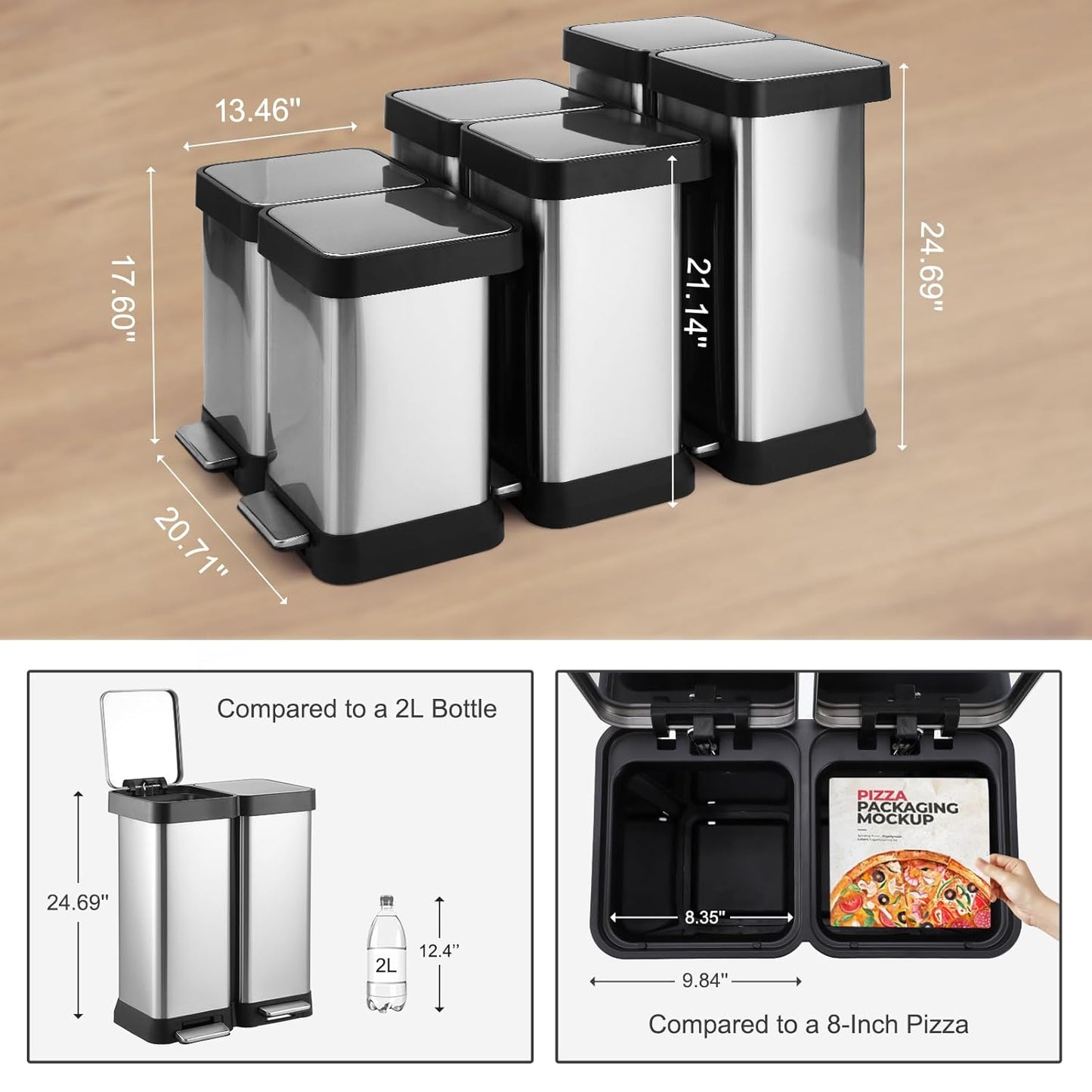 Kitchen Trash Can, 2 x 7.93 Gal (2 x 30L) Dual Trash Can with Recycle Bin, Stainless Steel Garbage Can, Fingerprint-Resistant Soft-Close Dual Recycling Bins for Kitchen
