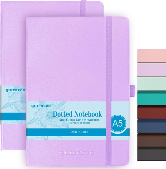 2Pack Bullet Dotted Hardcover Journal Notebook, A5 140 Pages 120Gsm Thick Paper for School,Note Taking,Work,Diary，5.7"*8.3",Lavender