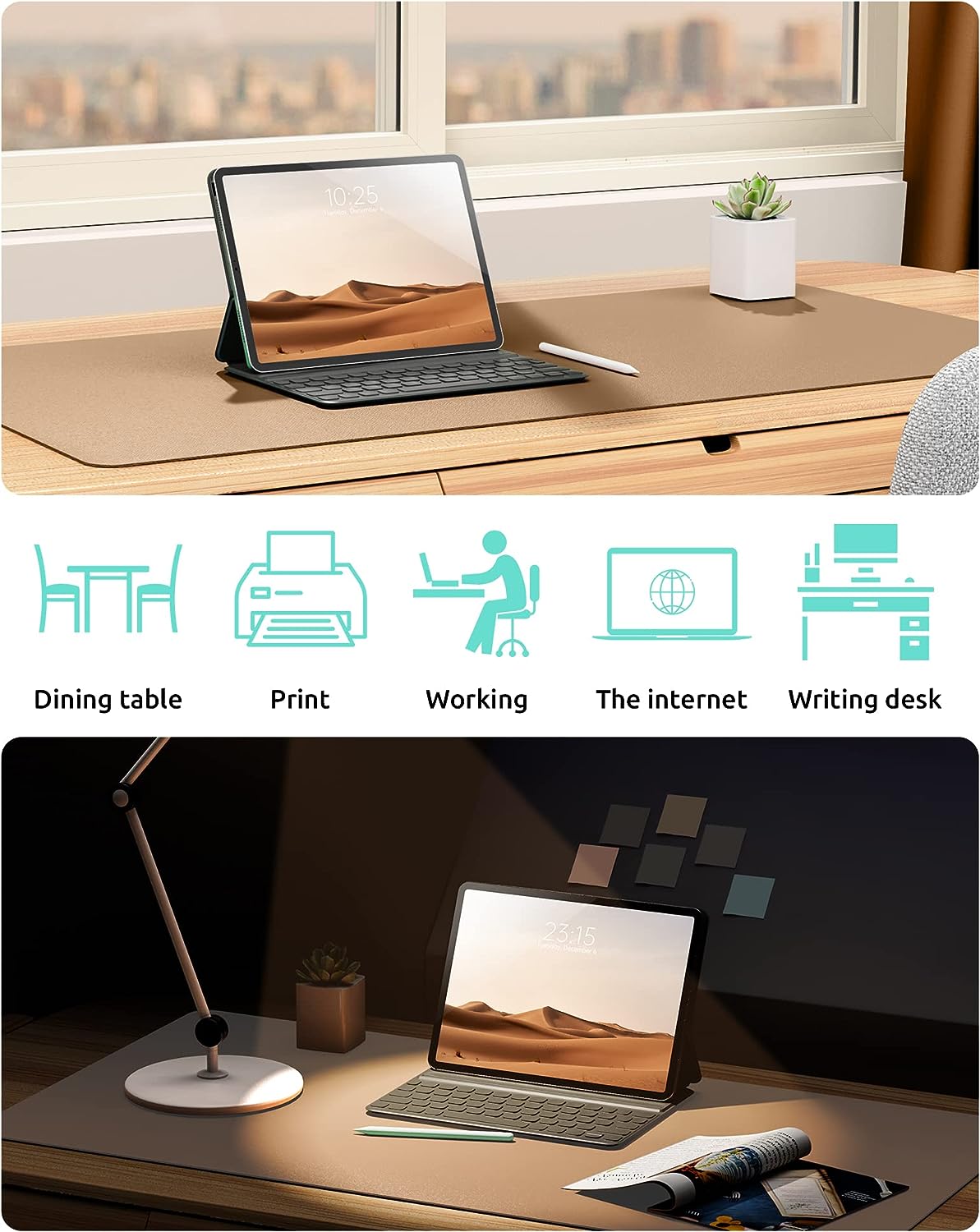 YSAGi Leather Desk Protector, Office Mat, Large Mouse Pad, Non-Slip PU Leather Blotter, Laptop Desk, Waterproof Writing Pad for Office and Home (Khaki, 35.4" x 17")