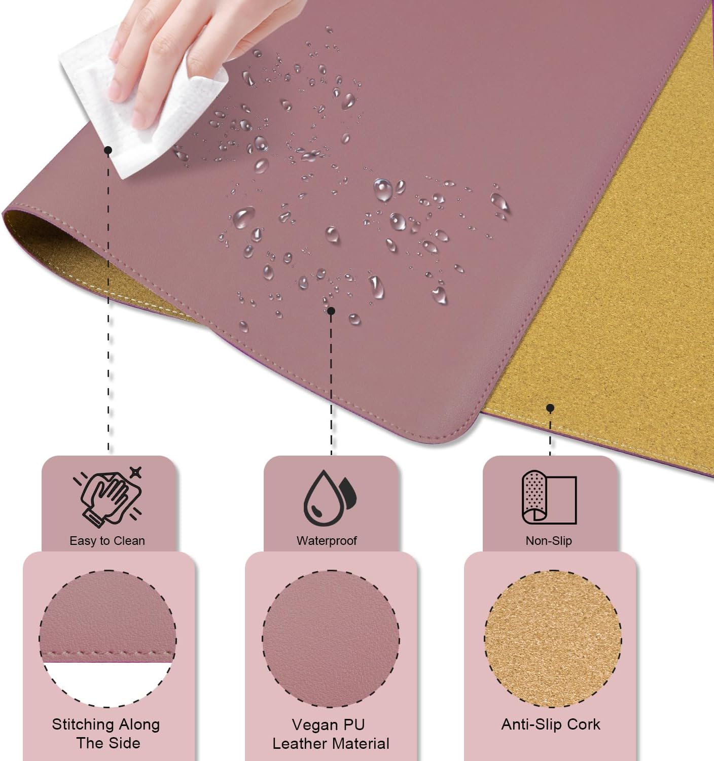 Non Slip Desk Mat, 31.5" x 15.7" PU Leather Desk Pad, Cork Desk Mat for Desktop, Desk Pad for Keyboard and Mouse, Ideal for Office and Home, Purple Pink