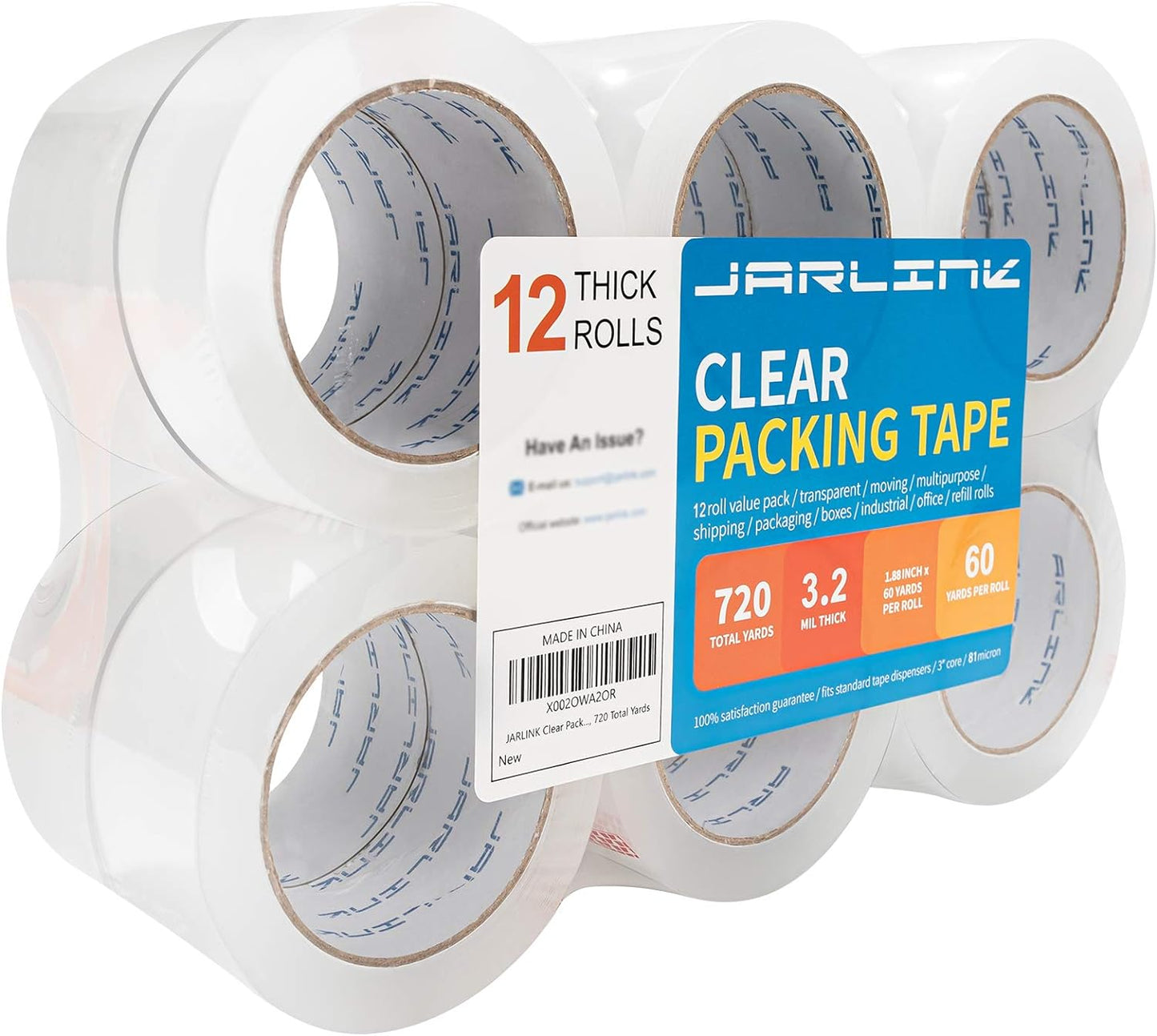 JARLINK Clear Packing Tape (12 Rolls), Heavy Duty Packaging Tape for Shipping Packaging Moving Sealing, 3.2mil Thick, 1.88 inches Wide, 60 Yards Per Roll, 720 Total Yards