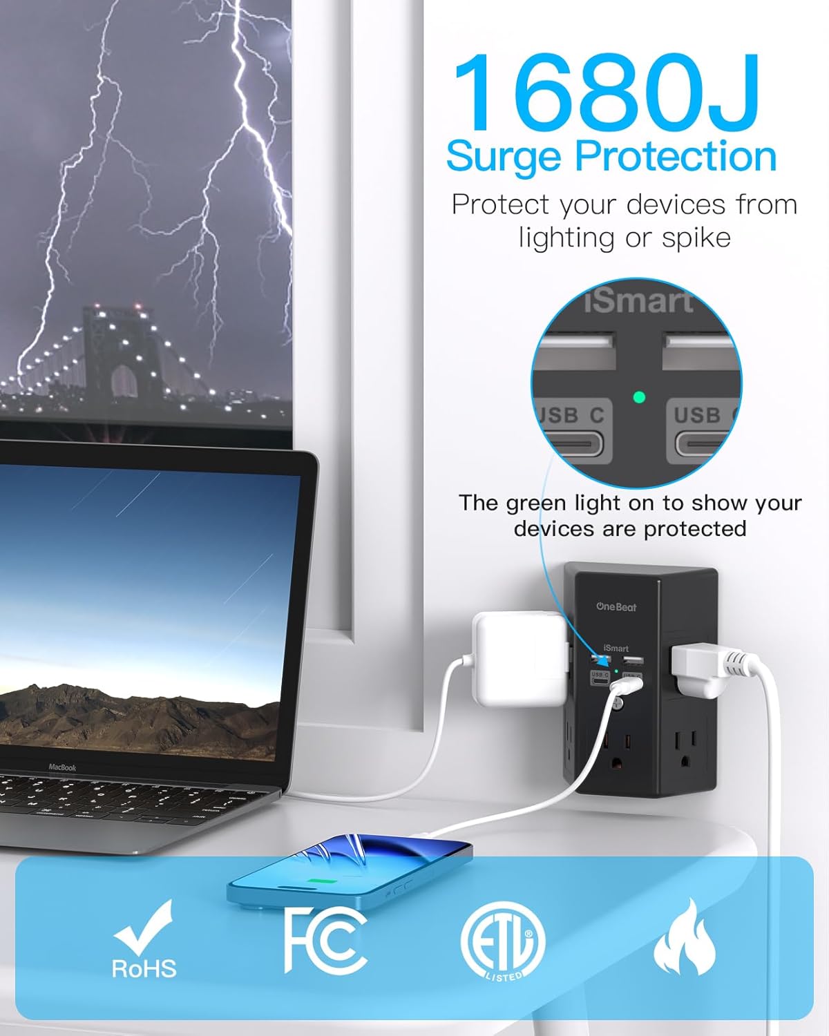 Surge Protector, 5 Outlets Extender with 4 USB Ports(USB C), 3-Side 1680J Power Strip Multi Plug Outlet Expander, USB Wall Charger, Outlet Splitter Adapter Wall Mount for Home Office ETL Listed（Black）