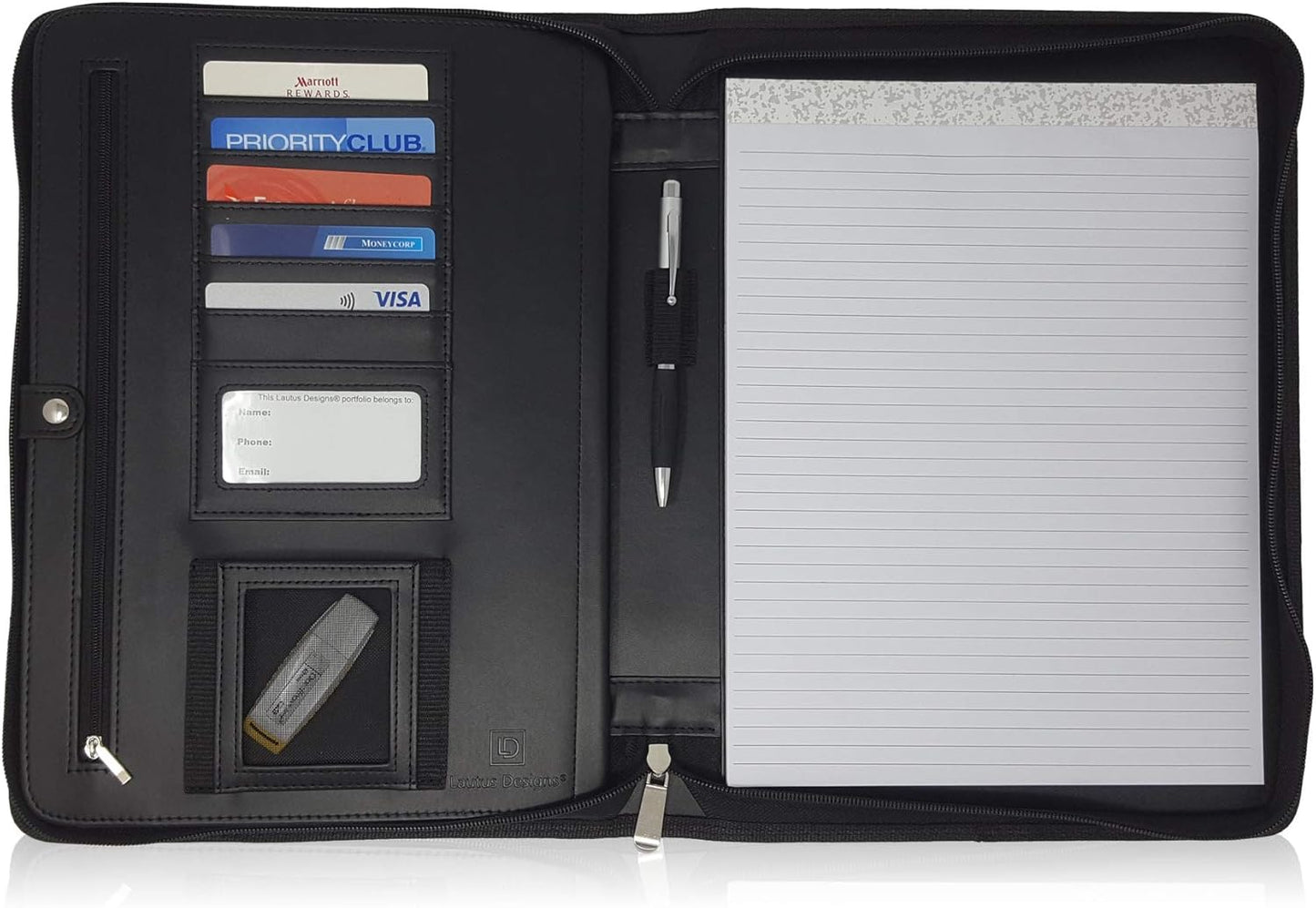 Matt Black Zippered Portfolio Binder - PU Leather Business Portfolio Organizer - Padfolio for Men & Women with US Letter Notepad, 10.5 Inch Tablet Pocket & Gift Box by Lautus Designs