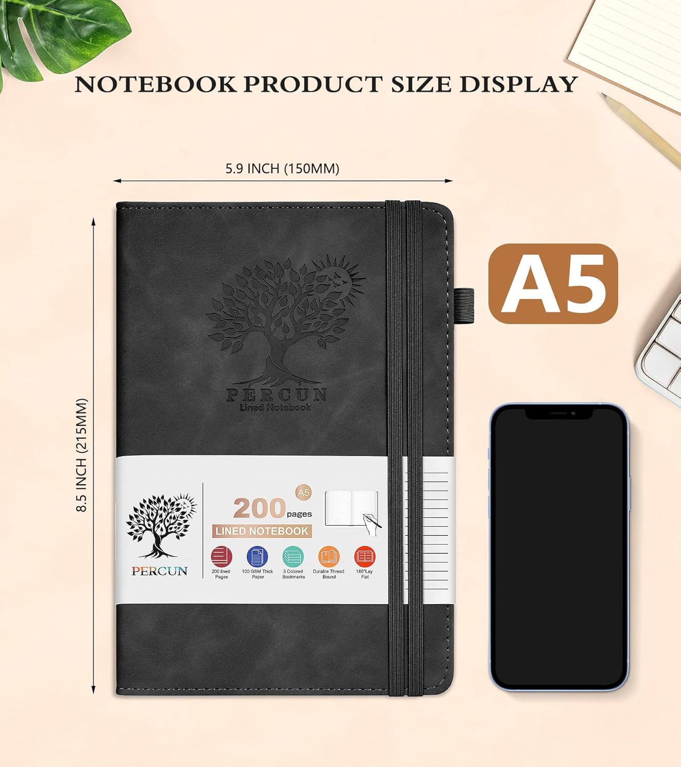 Lined Journal Notebook for Men & Women,200 Pages A5 Hardcover Leather Notebook (5.9"x8.5"), Travel Journal for Work, School, Business Writing, Note Taking, Notepad Diary (Black)