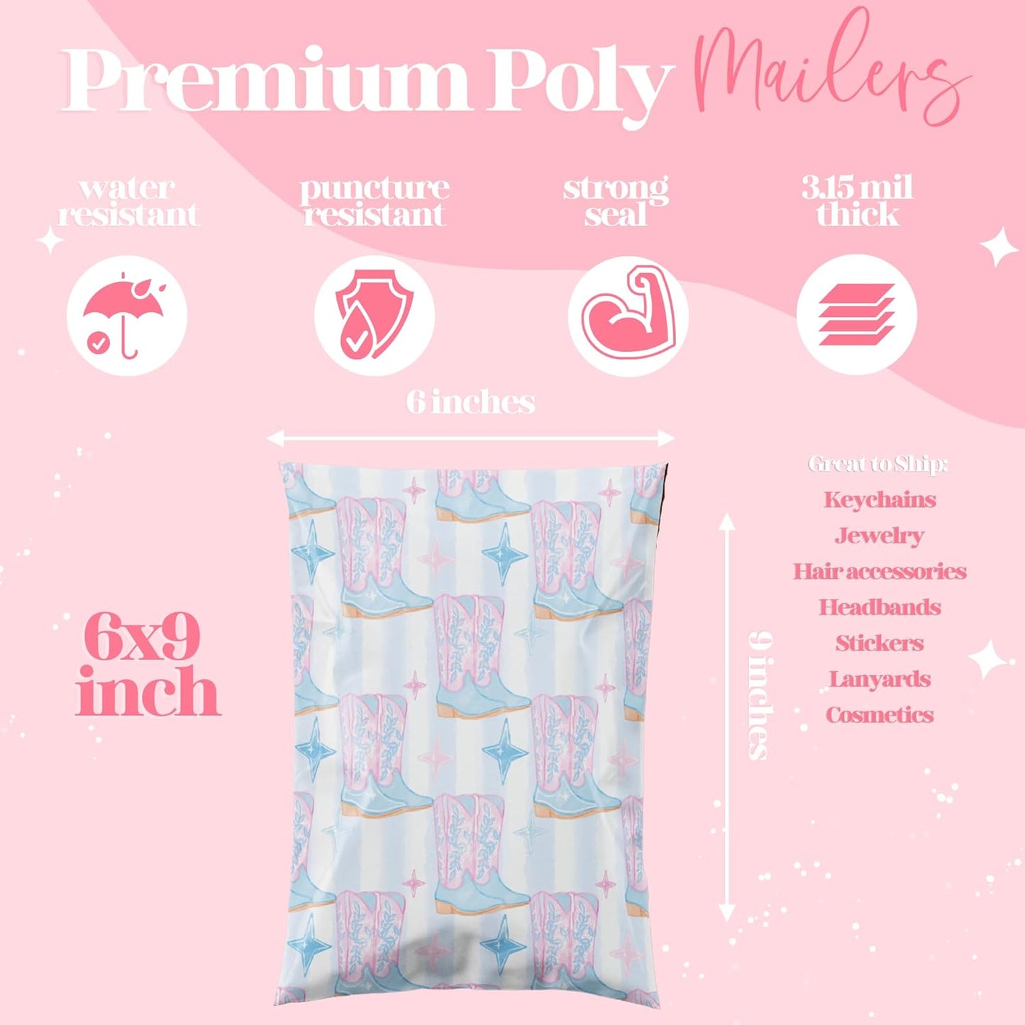 14.5x19 Designer Poly Mailer 100 Pack Heavy Duty Waterproof Self Seal Shipping Bags for Small Business Large Mailing Envelopes Bulk Tear Resistant Packaging Cowgirl Boots Western