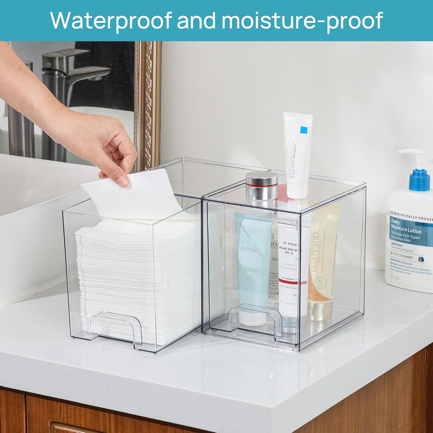 Vtopmart 7.6" H Clear Stackable Storage Drawers, 2 Pack Plastic Organizers Bins for Skincare, Cosmetics,Beauty Supplies,Ideal for Vanity, Bathroom,Kitchen Countertop,Cabinet Organization